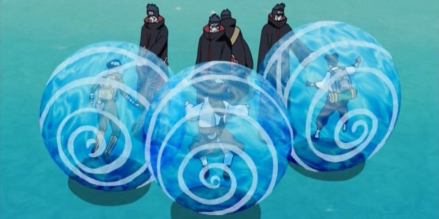 Kisame holding Rock Lee, Neiji, and Ten Ten in water balls in Naruto.