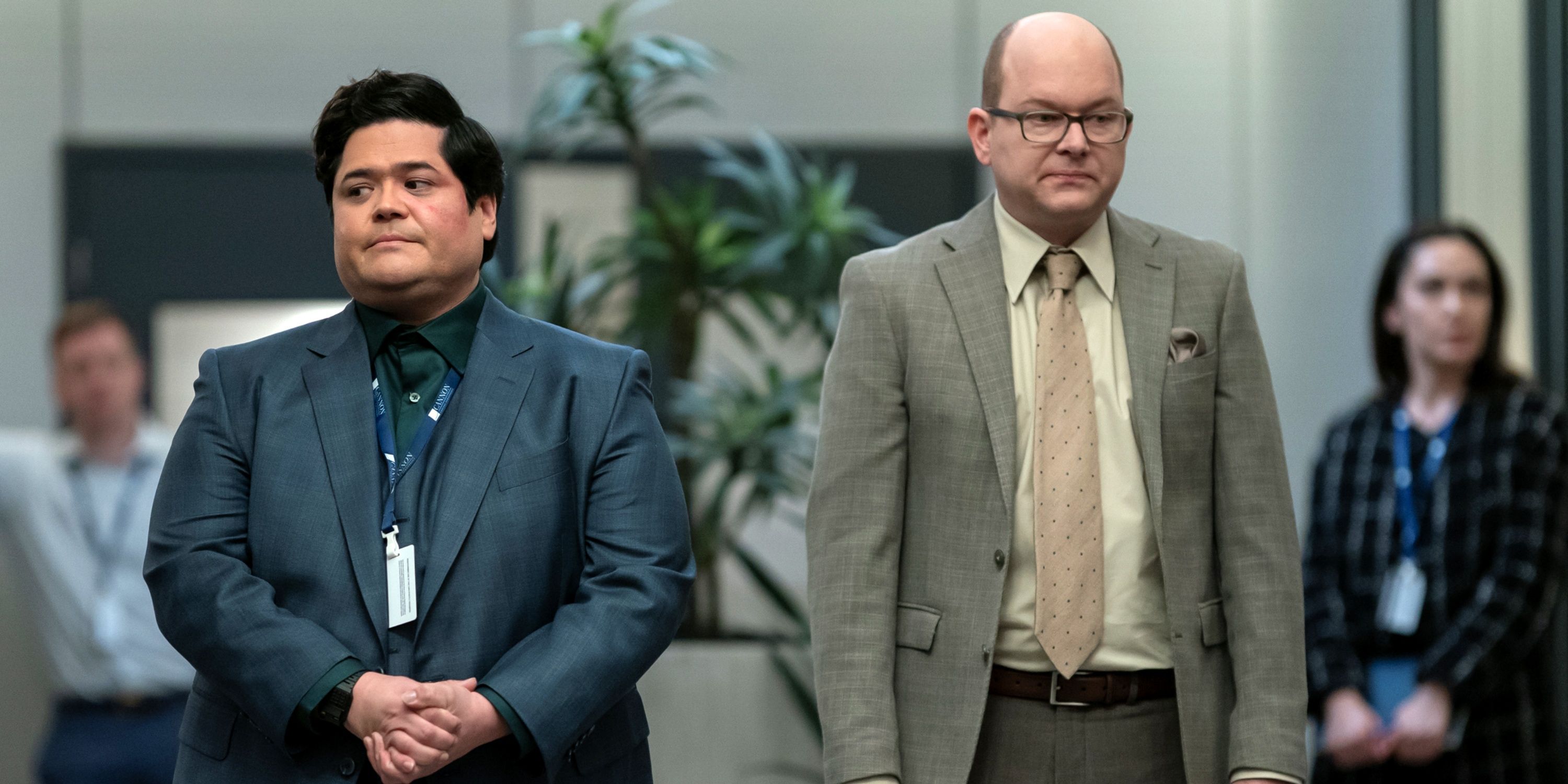 Harvey Guillén and Mark Proksch standing next to each other in Season 6 of What We Do in the Shadows