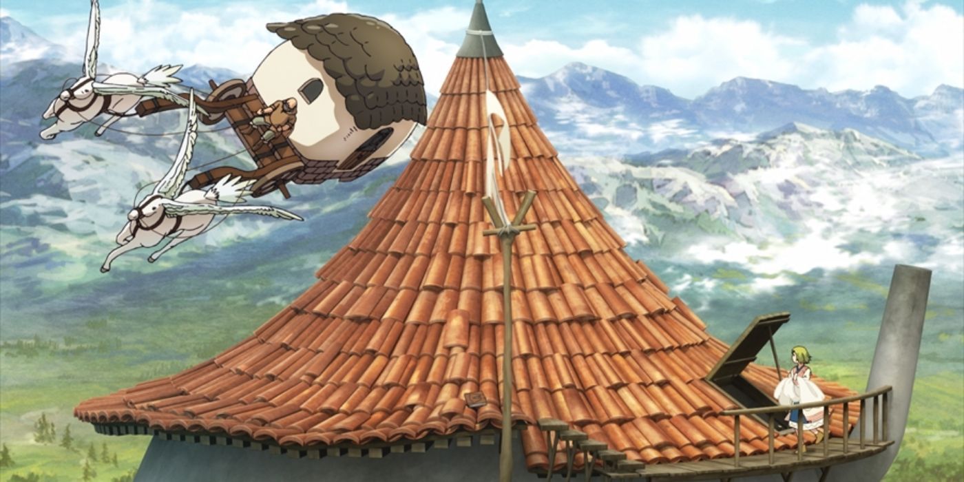 Coco looking at a Pegasus carriage from the roof in Witch Hat Atelier
