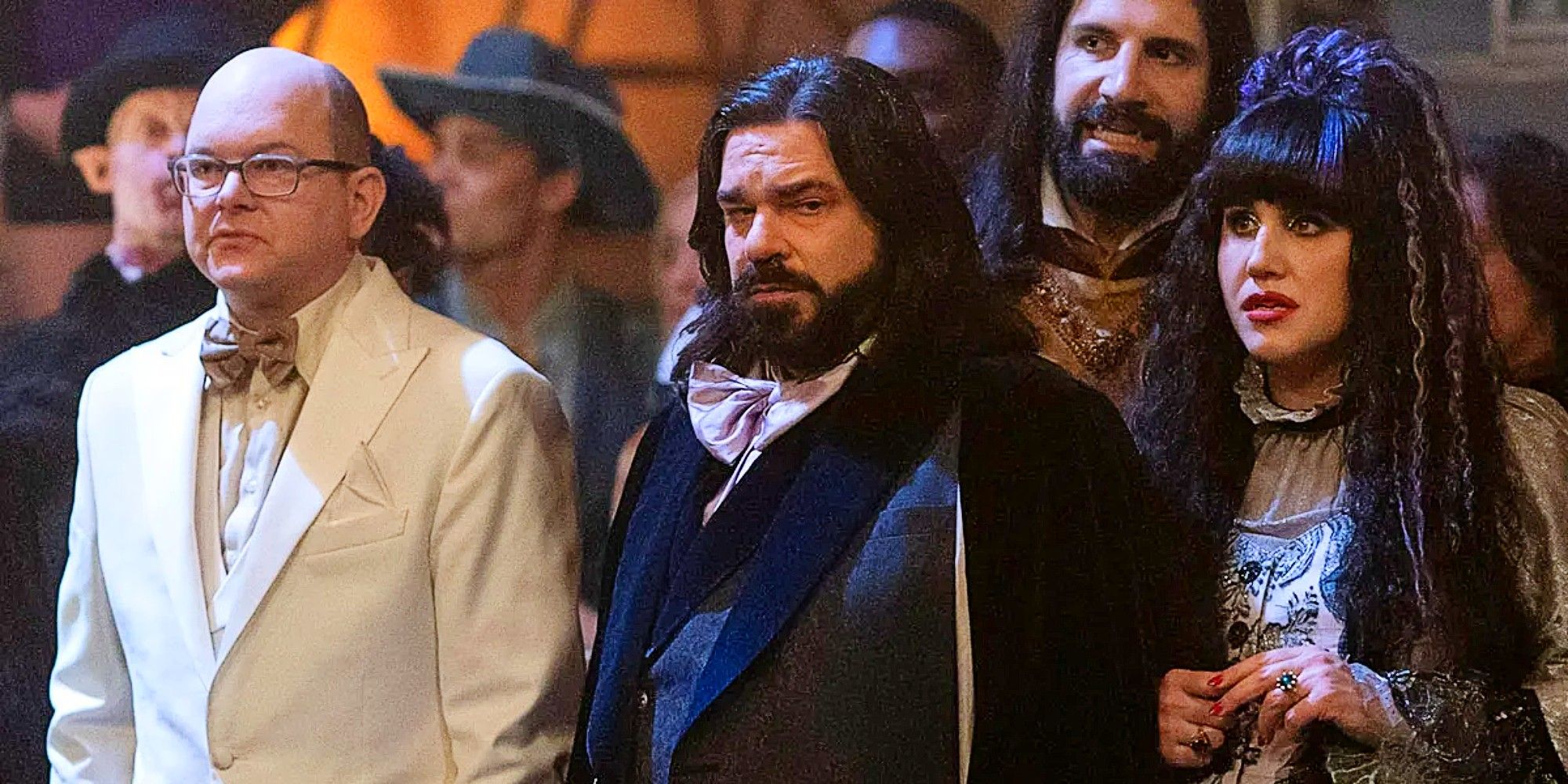 Colin, Laszlo, Nandor, and Nadja looking perplexed in What We Do in the Shadows Season 6.