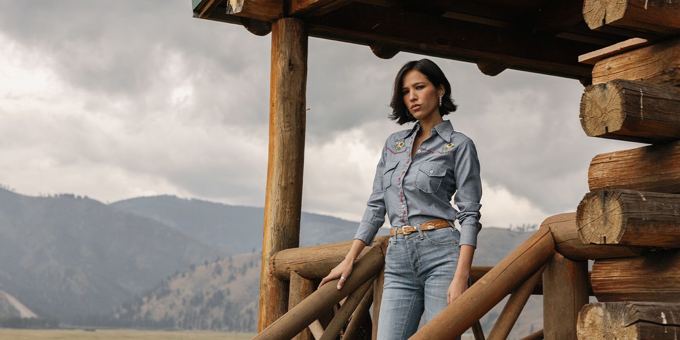 Kelsey Asbille as Monica Dutton on her porch on 'Yellowstone'