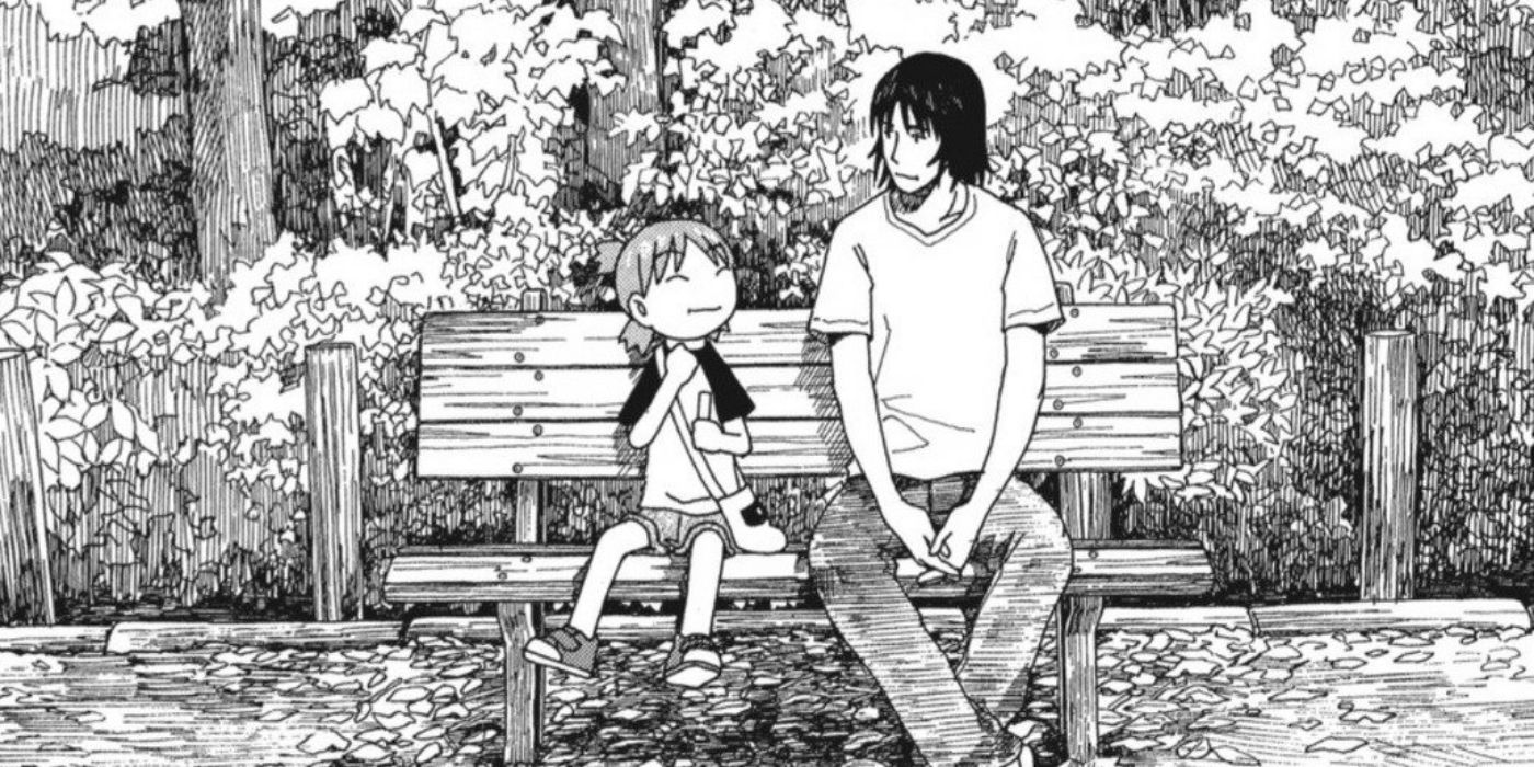 Yotsuba and Yosuke sitting on bench in Yotsuba manga