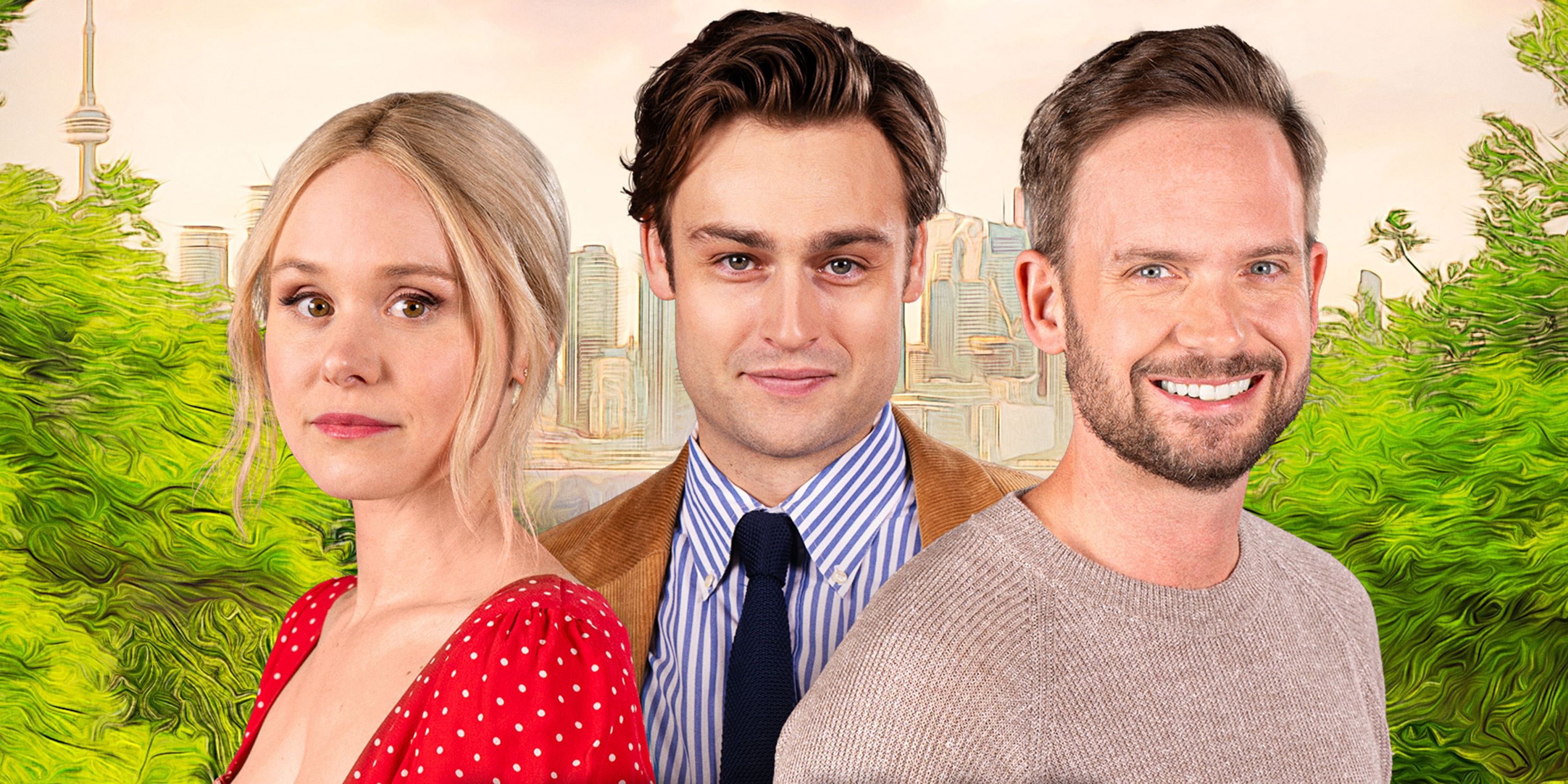 Patrick J. Adams, Douglas Booth and Alison Pill smiling in the poster artwork for Young Werther