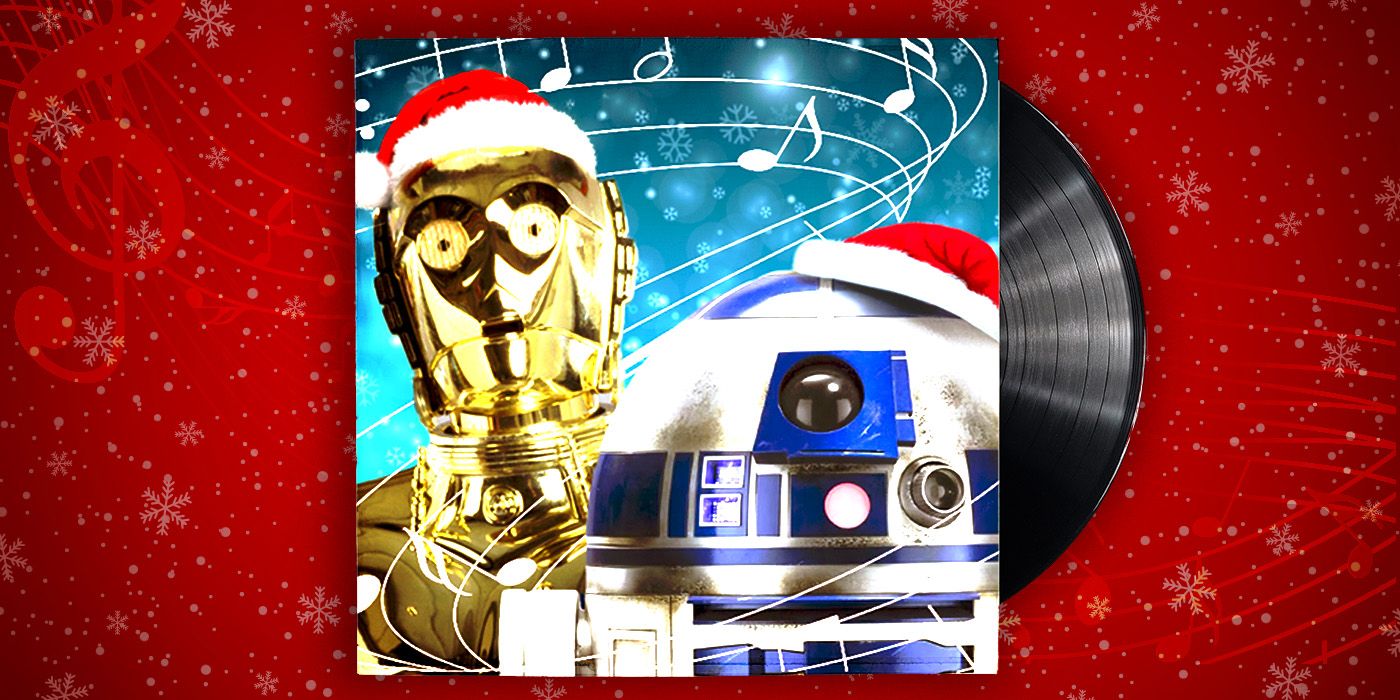 C3PO and R2D2 wearing Santa hats and posing on the cover of a record, against a red snowflake background.