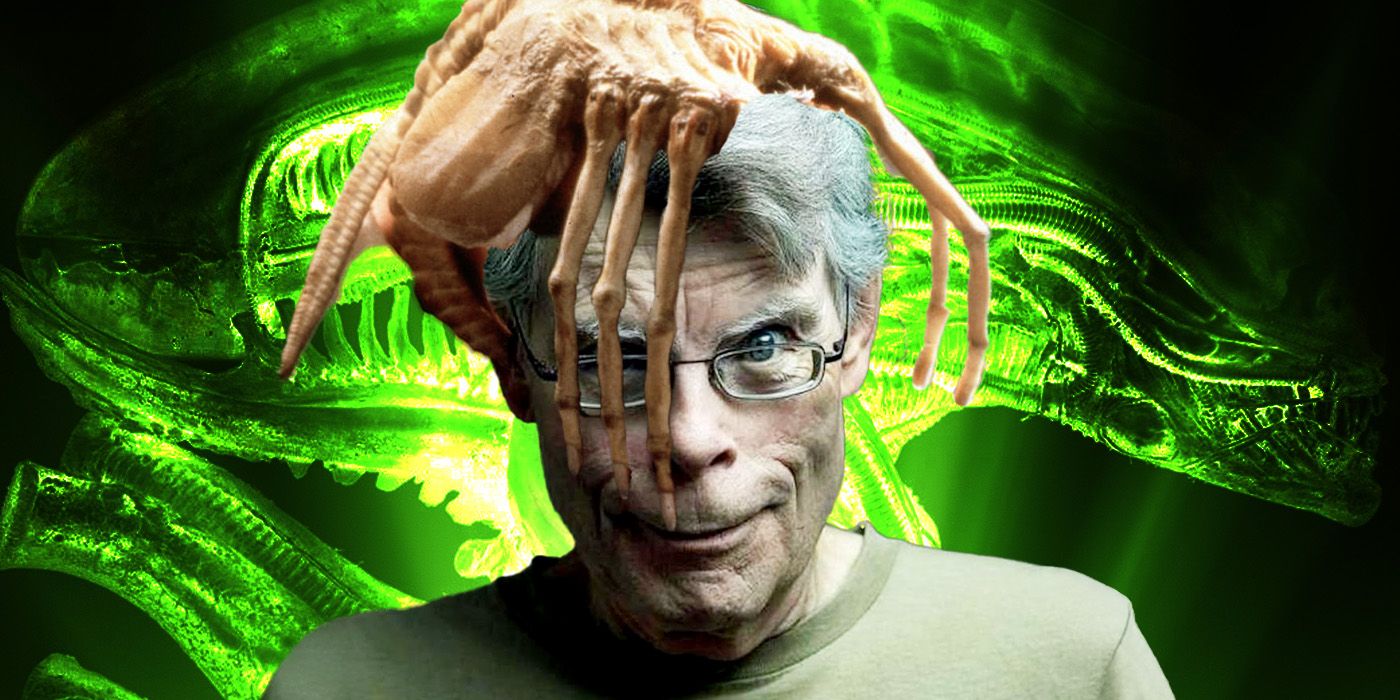 Author Stephen King smirks while a facehugger wraps itself around his head.