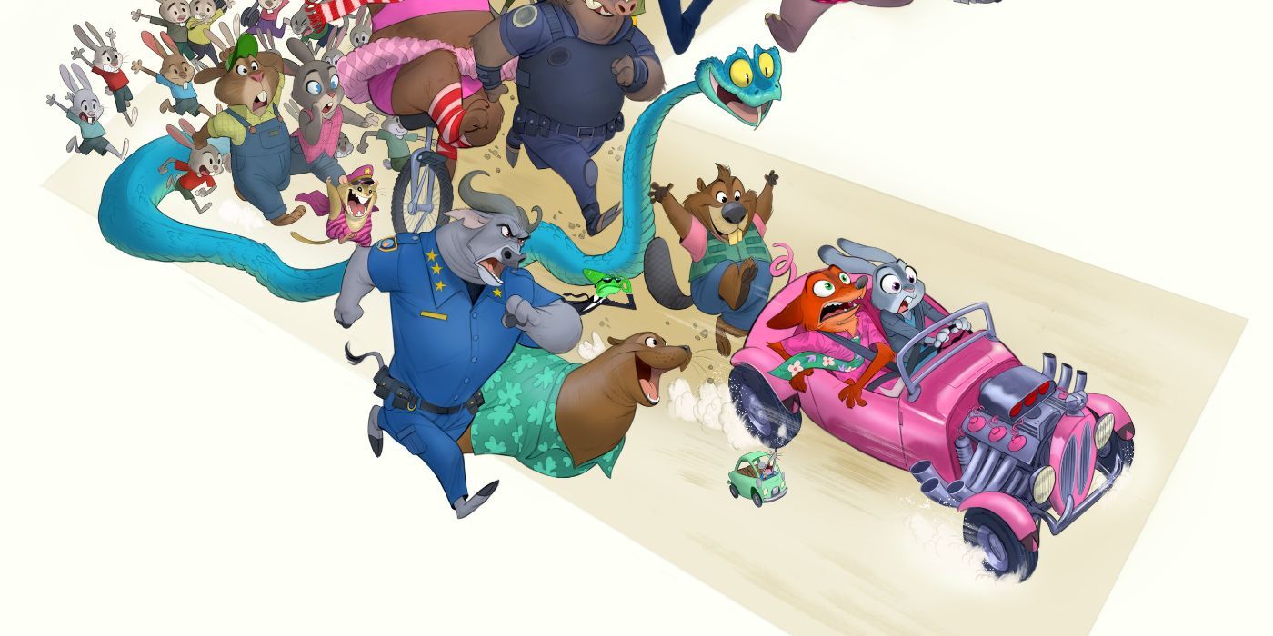 Nick Wilde and Judy Hopps fleeing in a pink hotrod in a first look poster for Zootopia 2.
