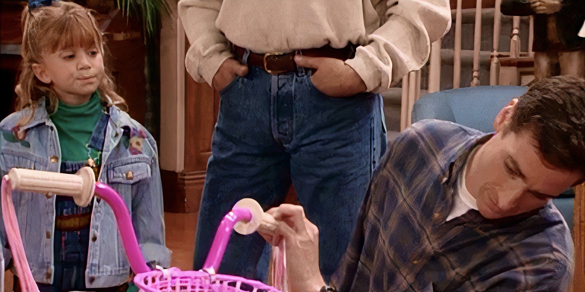 danny is looking at a bicycle basket while michelle standing there.