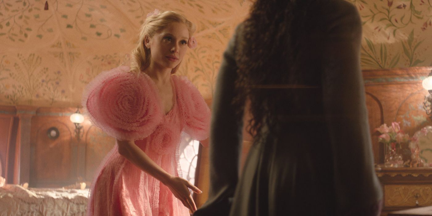 Glinda (Ariana Grande) wears a Peignoir dress as she talks to Elphaba in Wicked.