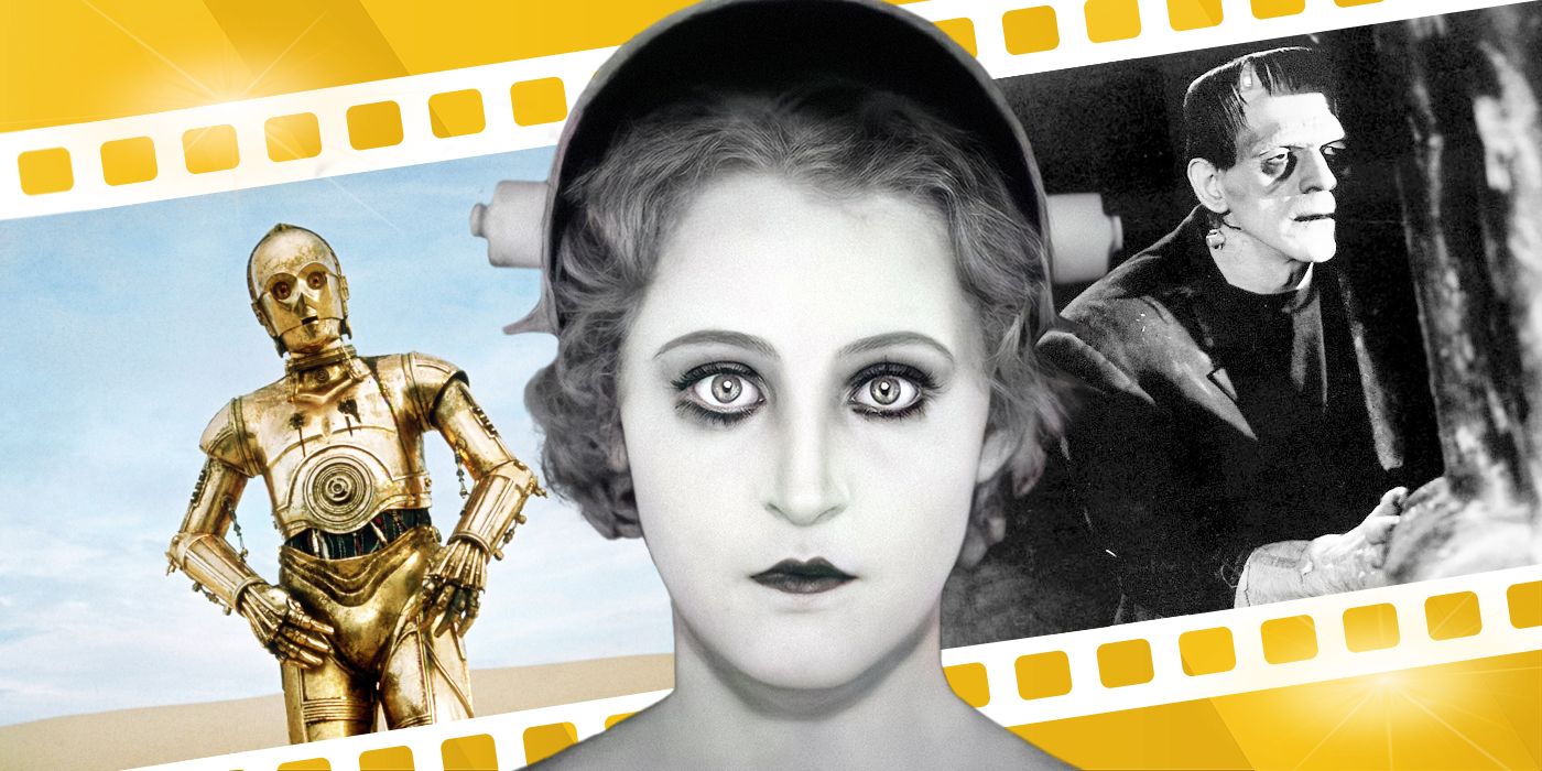 Blended image showing characters from Star Wars, Metropolis, and Frankenstein