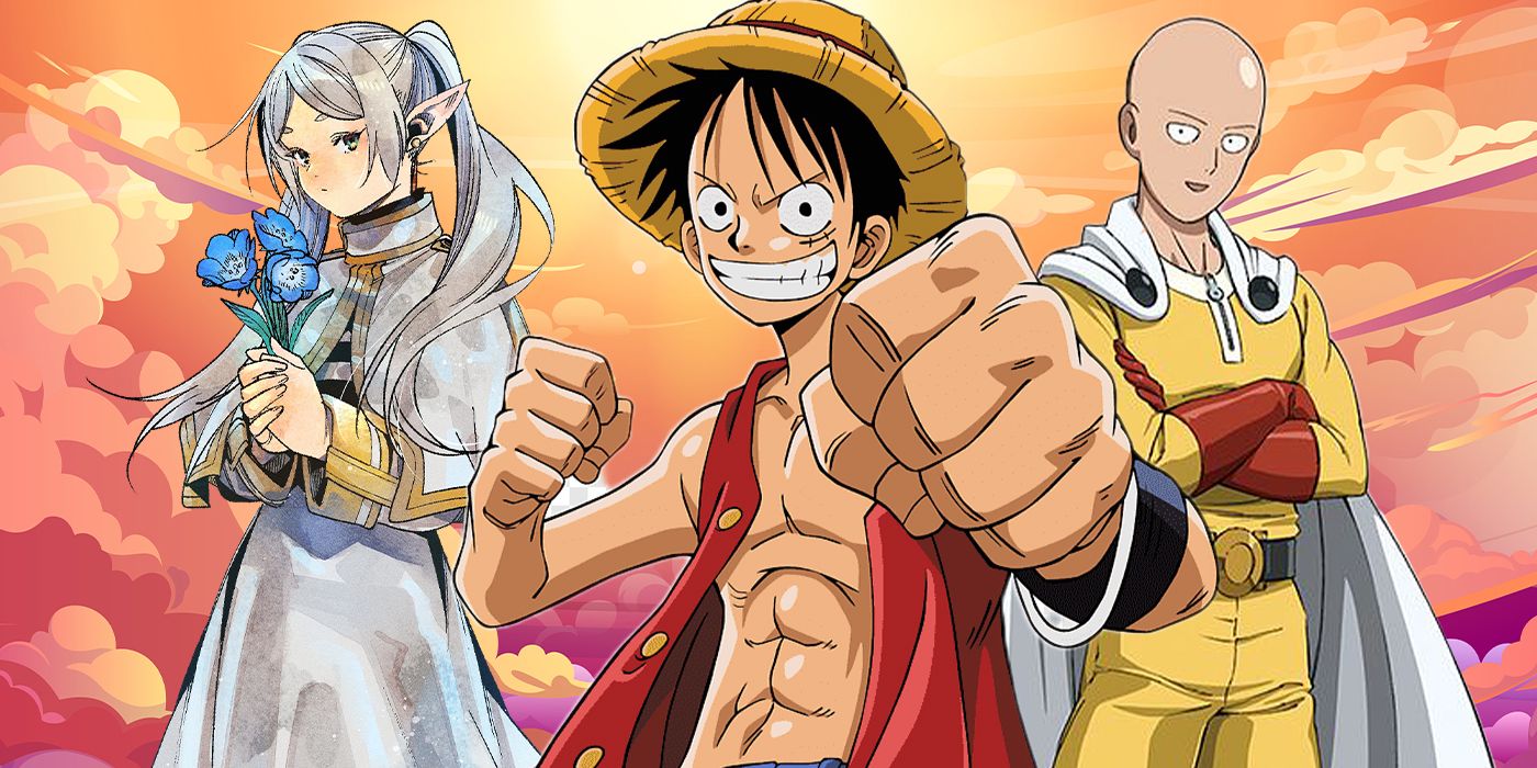 Blended image showing characters from Frieren: Beyond Journey's End, One Piece, and One Punch Man