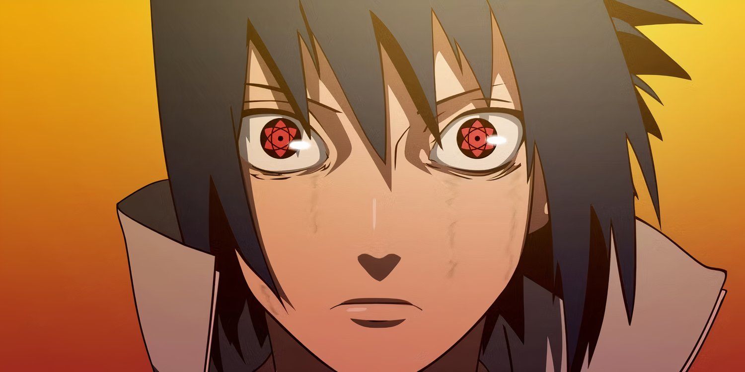 Sasuke and his Mangekyo Sharingan with red star-like shapes inside his irises in Naruto.