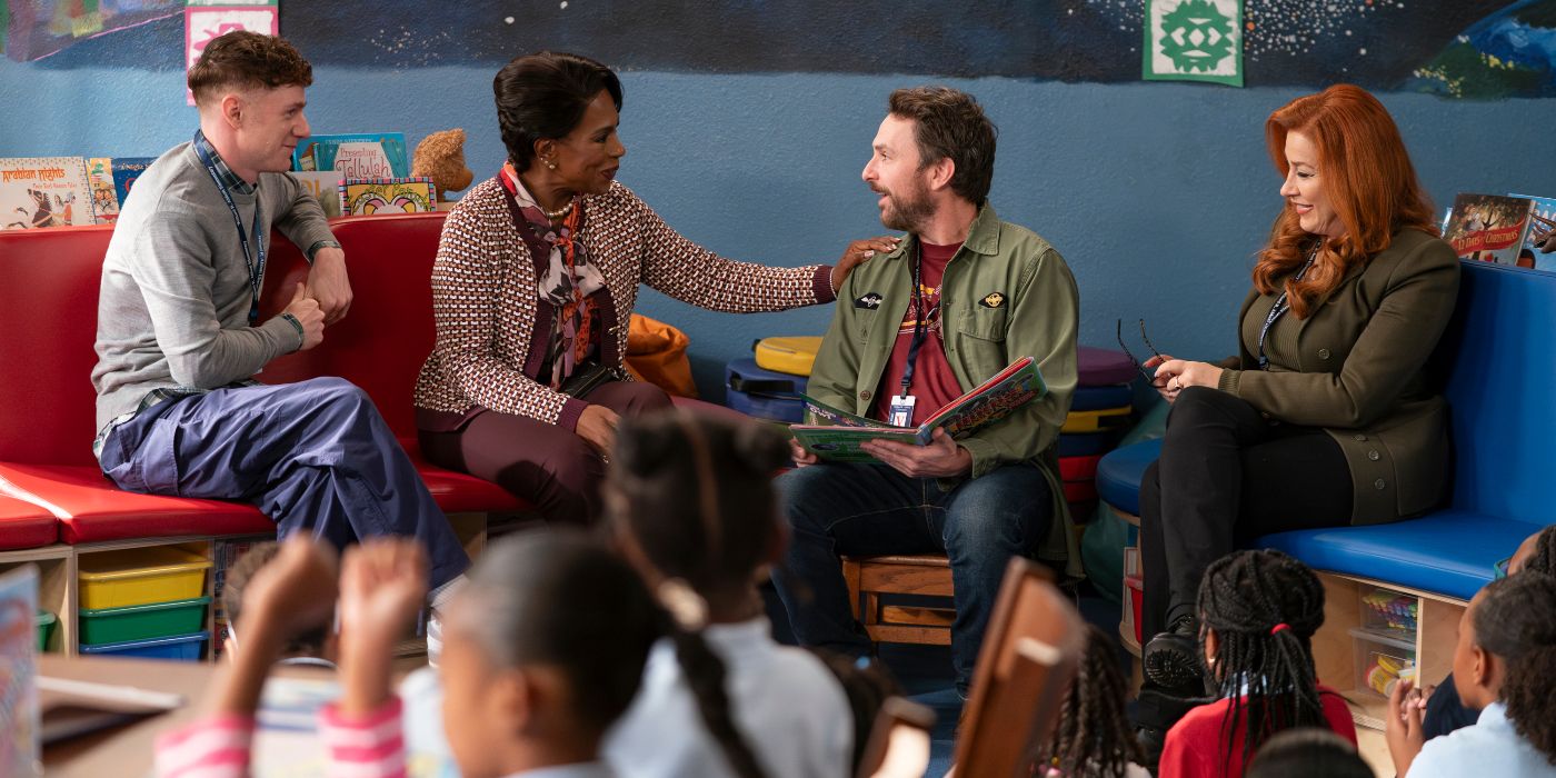 Charlie Day, Jacob Perfetti, Sheryl Lee Ralph, and Lisa Ann Walter in the library