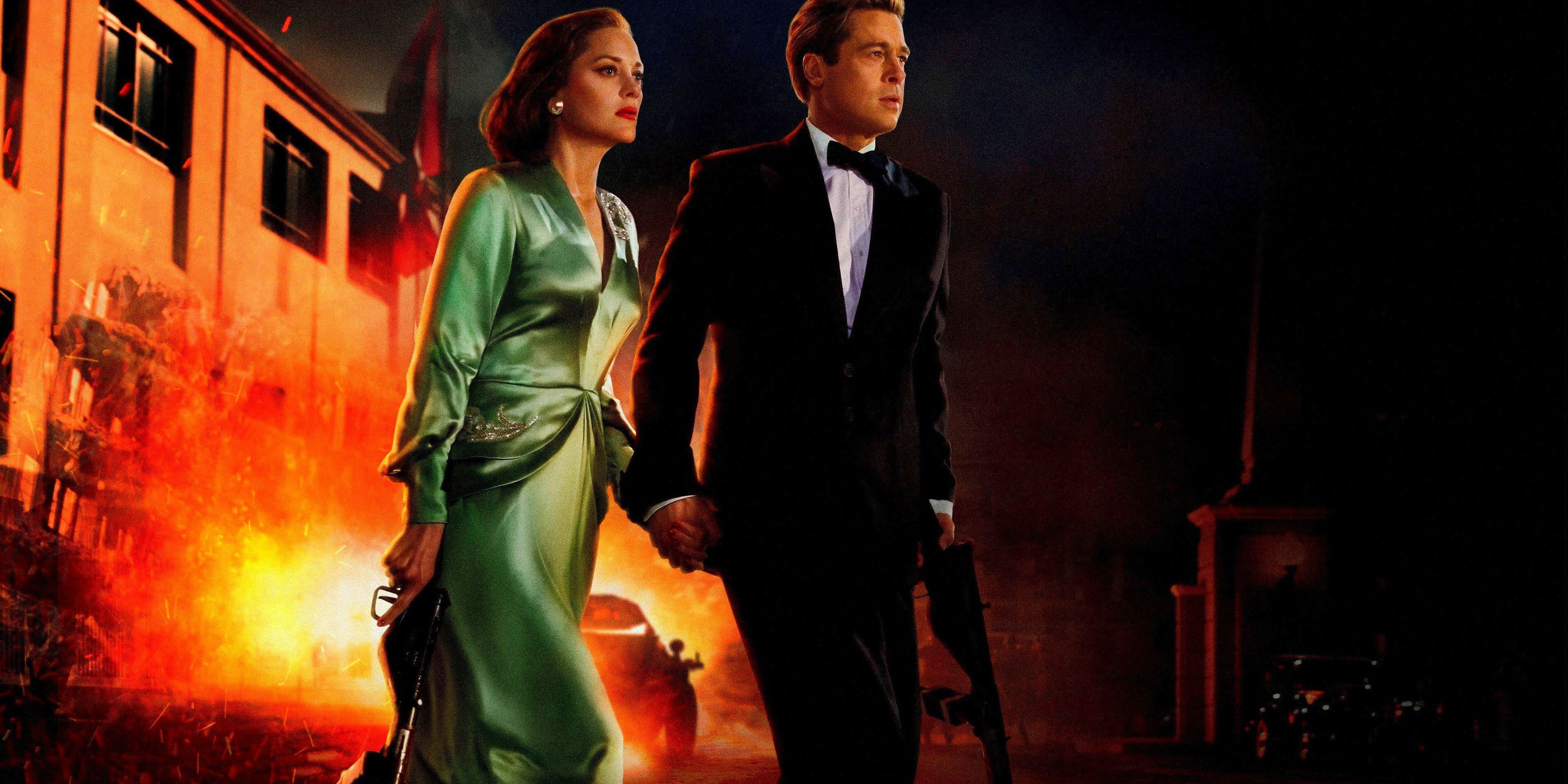 Marianne and Max, played by actors Marion Cotillard and Brad Pitt, walking away from a burning building with guns in their hands.