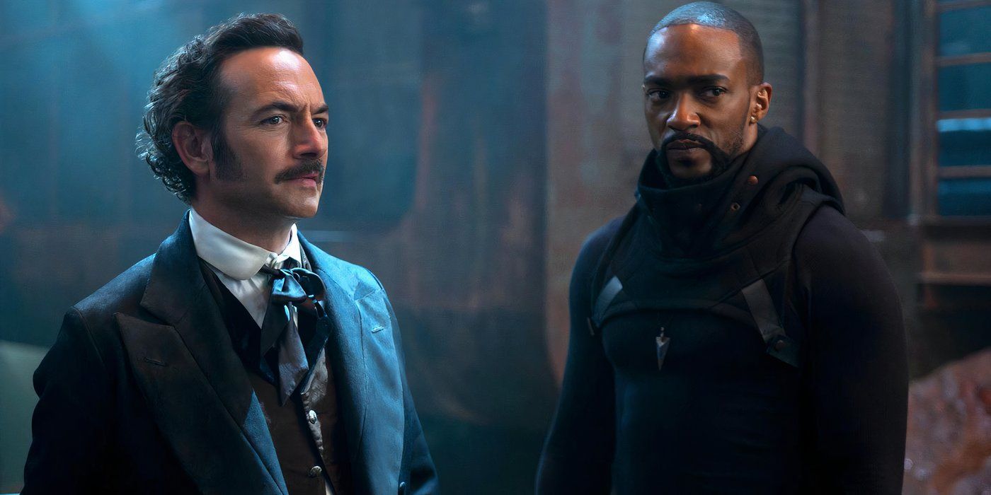 Anthony Mackie as Takeshi Kovac looks concerned at something off-screen with a costar in Altered Carbon.