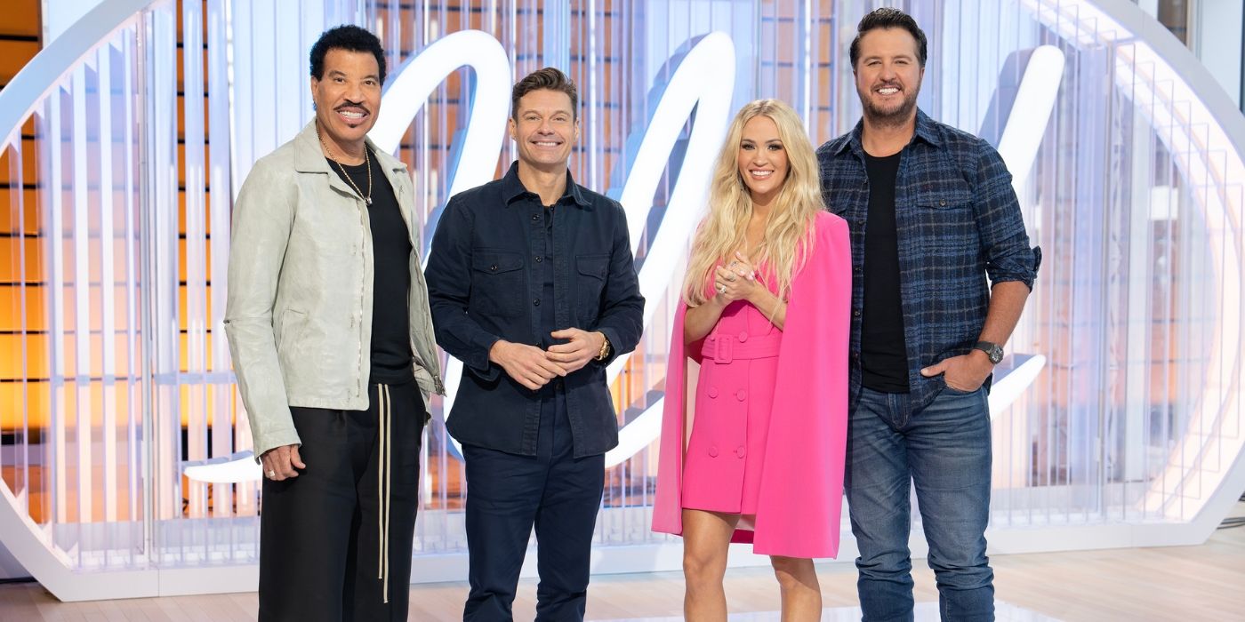 Host Ryan Seacrest stands with Lionel Richie, Luke Bryan, and new judge Carrie Underwood.