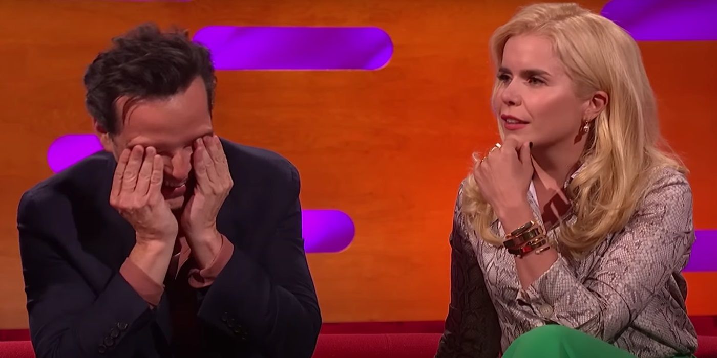 Andrew Scott covering his face and Paloma Faith with her hand on her chin on The Graham Norton Show.