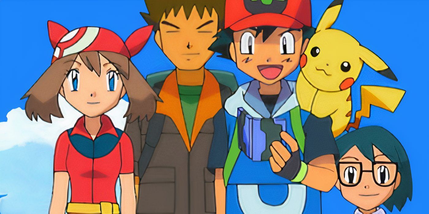 Ash and his team looking at a Pokédex in Pokémon: Battle Frontier.