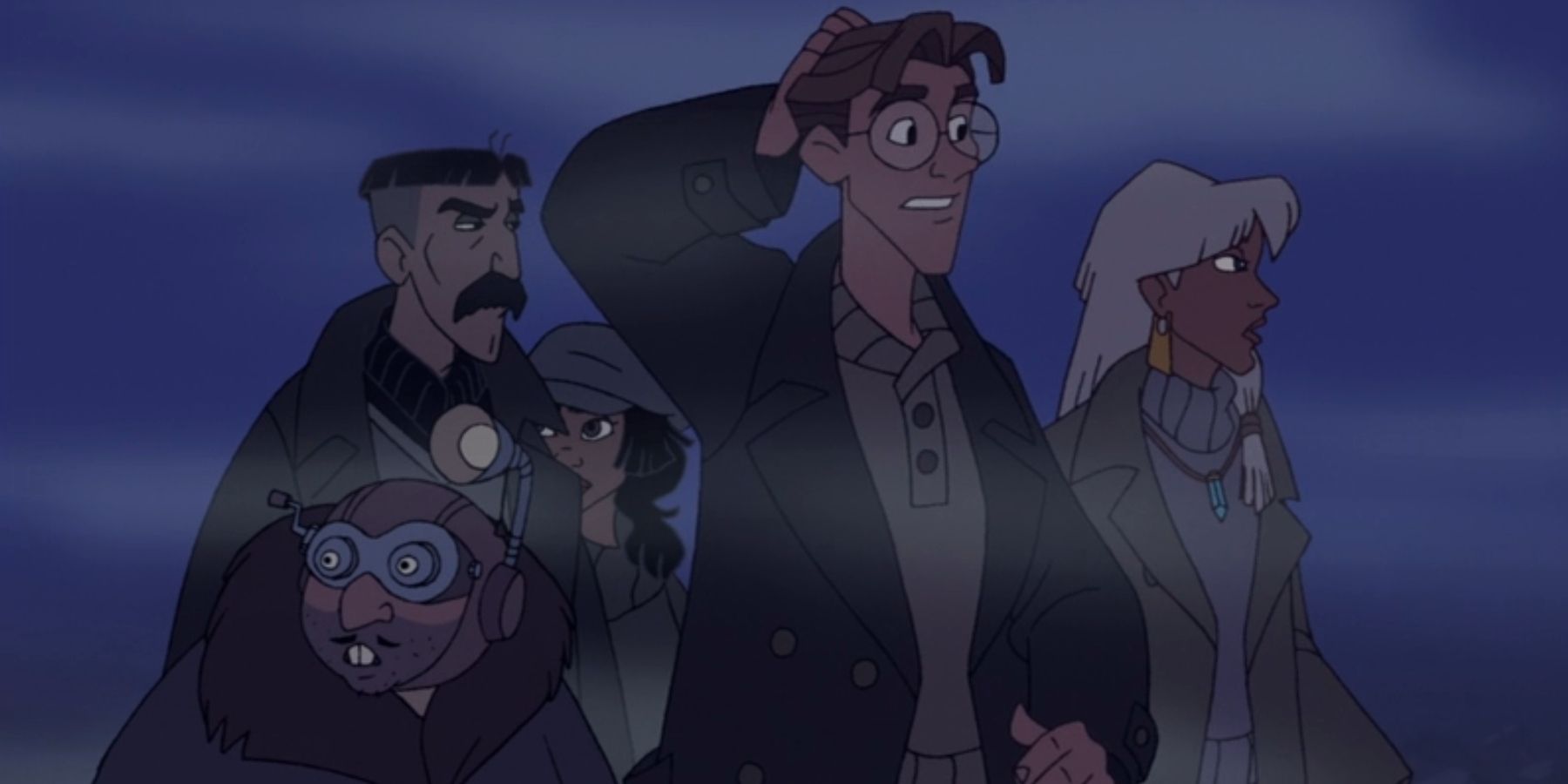 Mole, Vinny, Audrey, Milo and Kida look around in the mist in 'Atlantis: Milo's Return'.