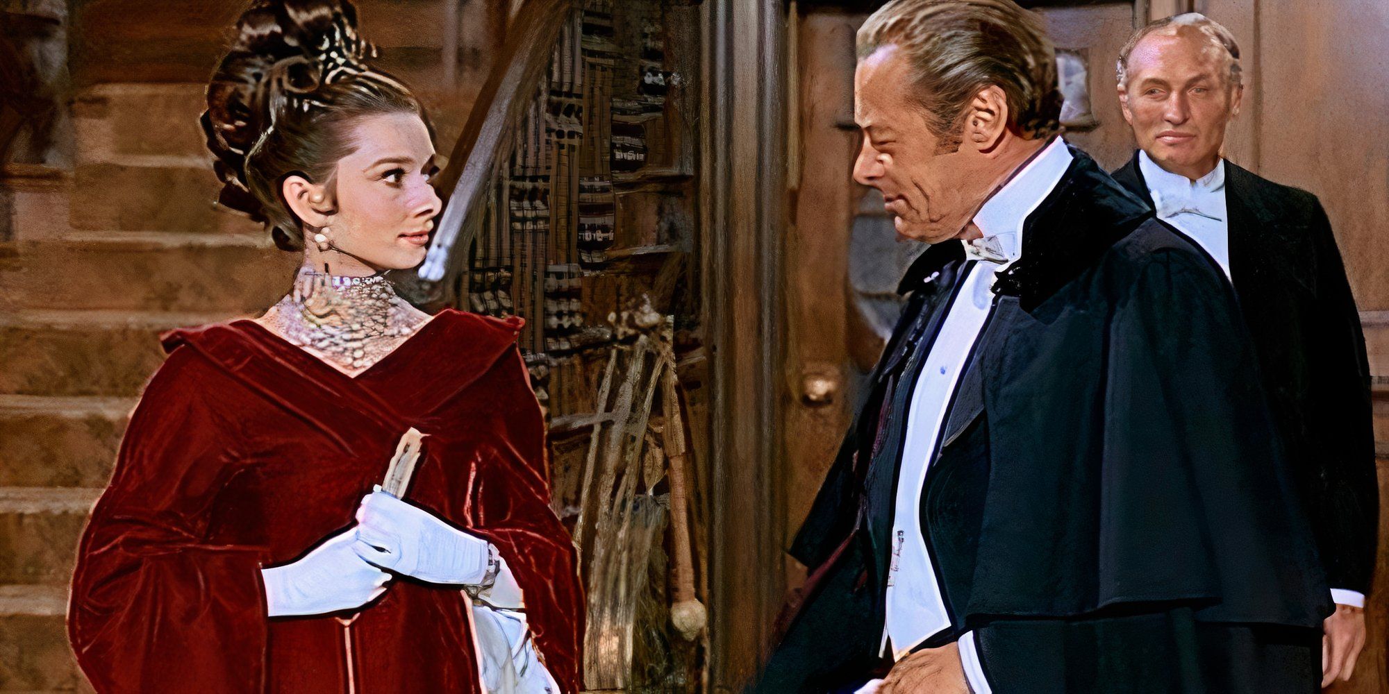 Audrey Hepburn looking at Rex Harrison standing next to her in My Fair Lady (1964)