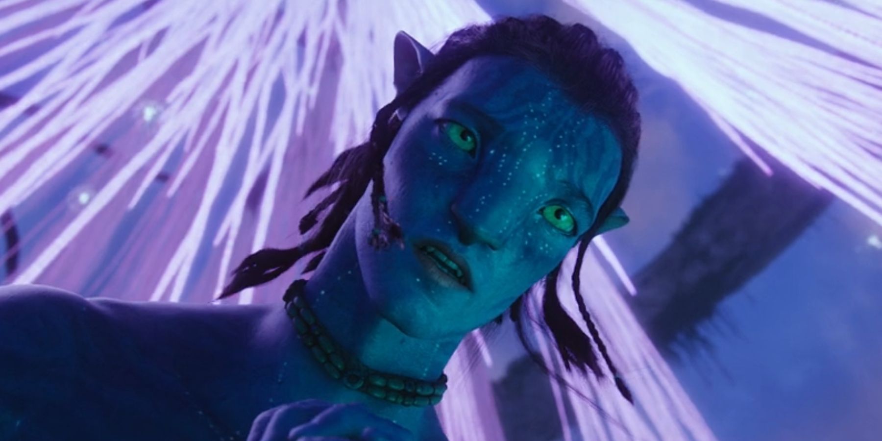 Jake Sully, played by Sam Worthington, looks down in Na'vi form in 'Avatar'.