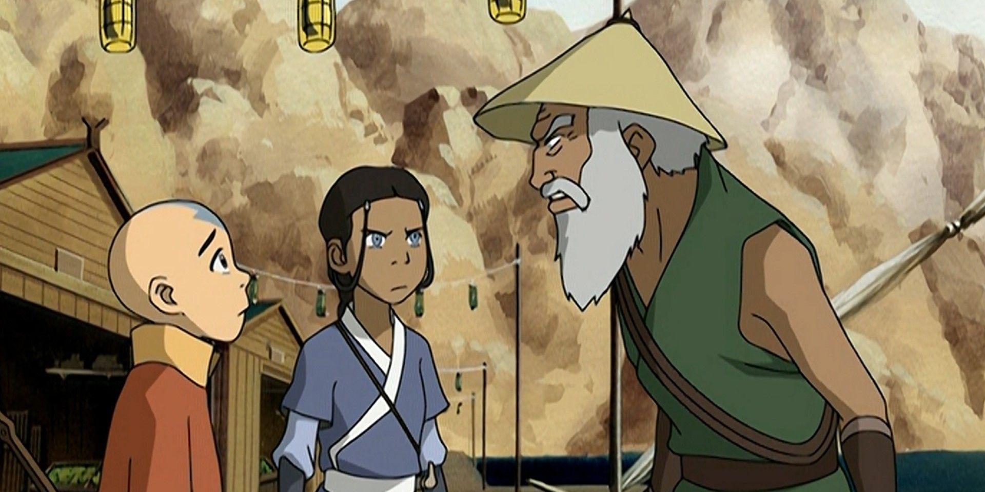 aang-and-katara-speaking-to-an-angry-old-man