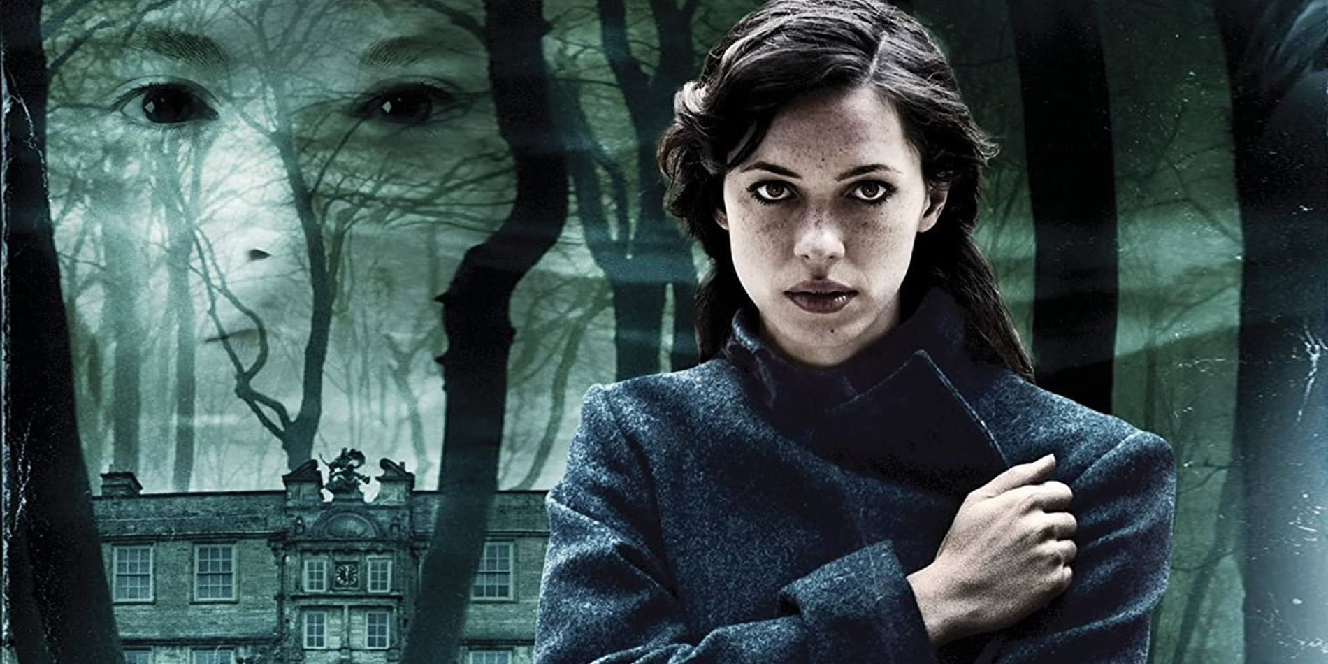 Florence, played by actor Rebecca Hall, stands outside an old boarding school, with jagged trees and a ghostly face behind her.