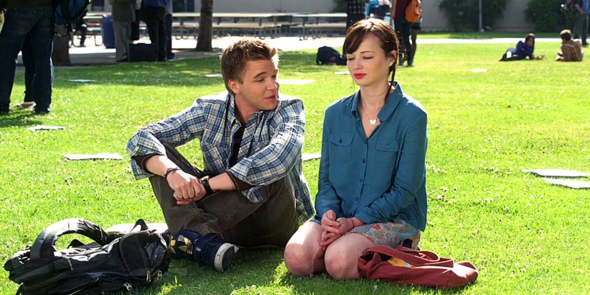 Jake Rosati and Jenna Hamilton sitting on the quad together in Awkward Season 1 Episode 11