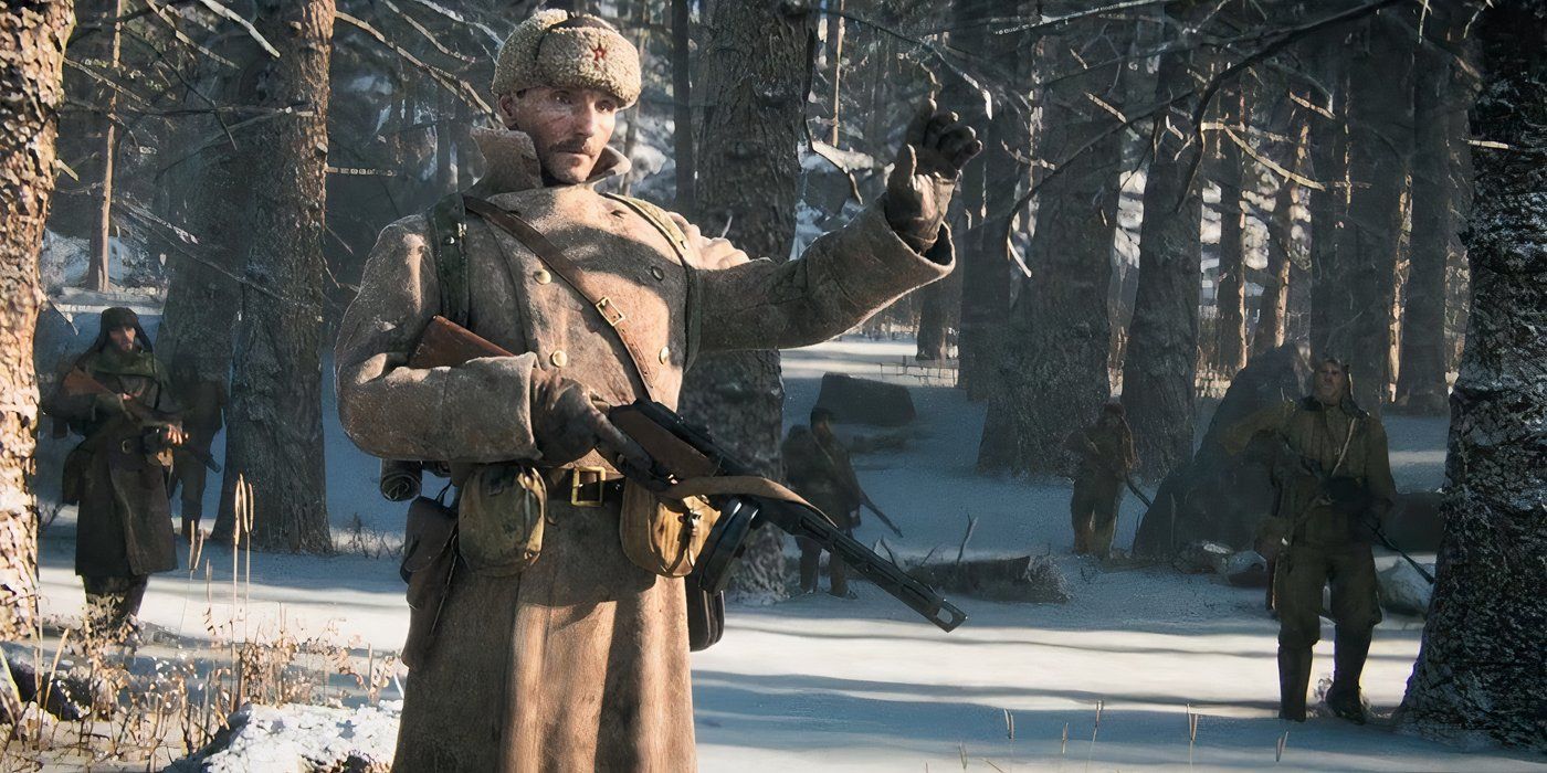 Lt. Zakharov stands in the snowy forest of siberia and gives his soldiers a command.