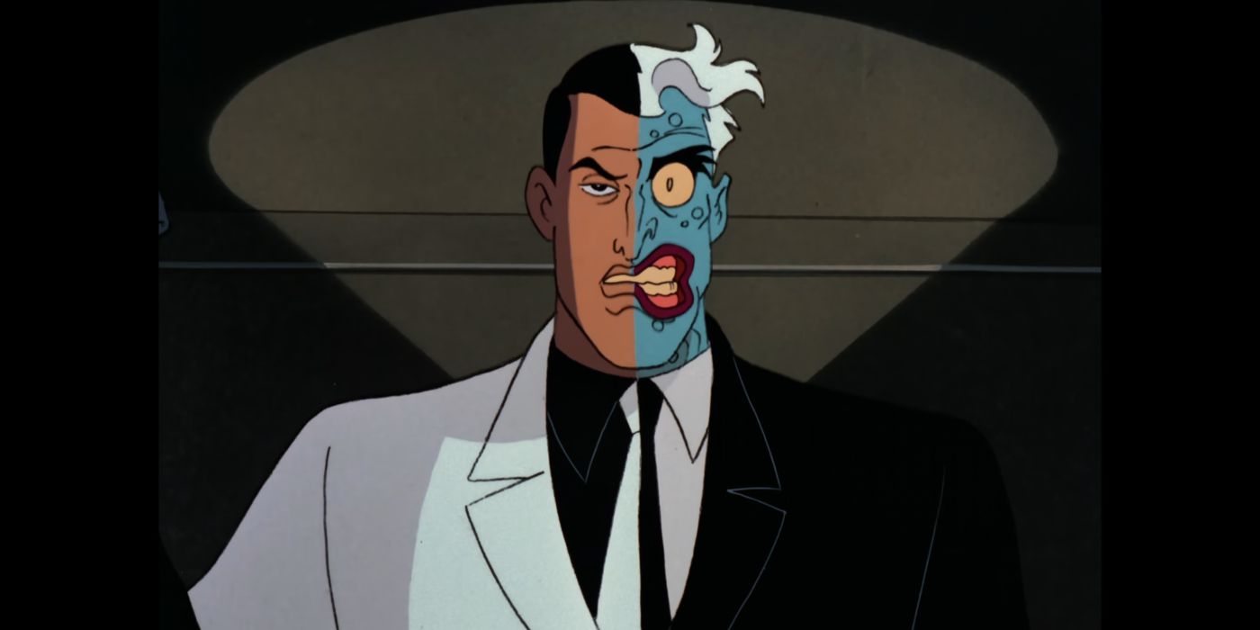 Two-Face (Richard Moll) wearing a suit that's half white and half black in Batman: The Animated Series