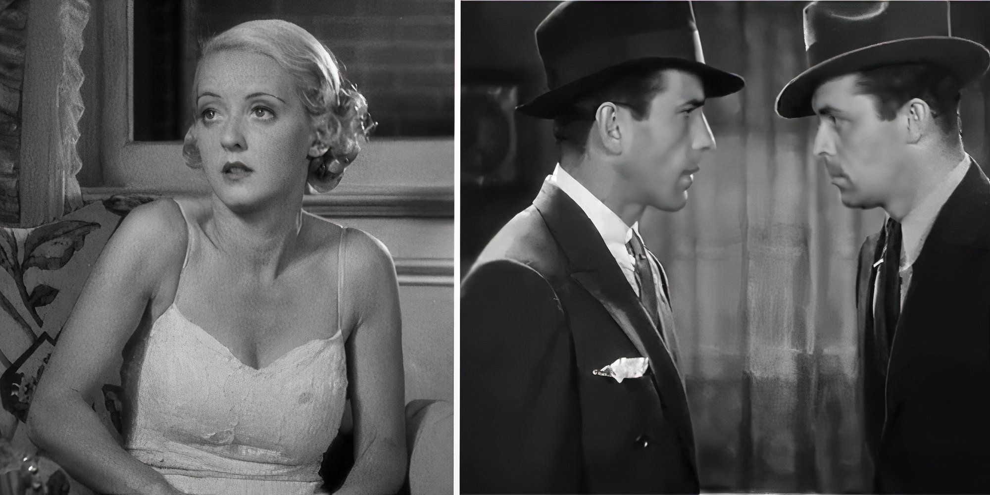 Shot of Bette Davis_next to shot of Humphrey Bogart looking at a man in Three on a Match (1932)-1