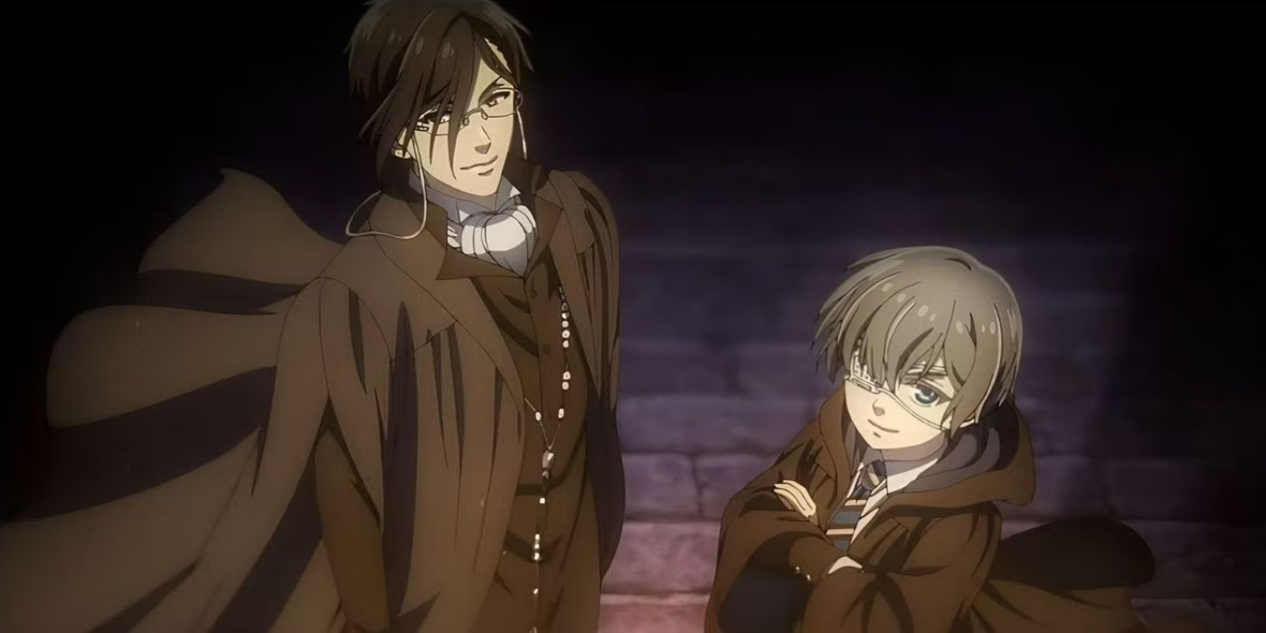 Sebastian standing next to Ciel in the new school arc in Black Butler.