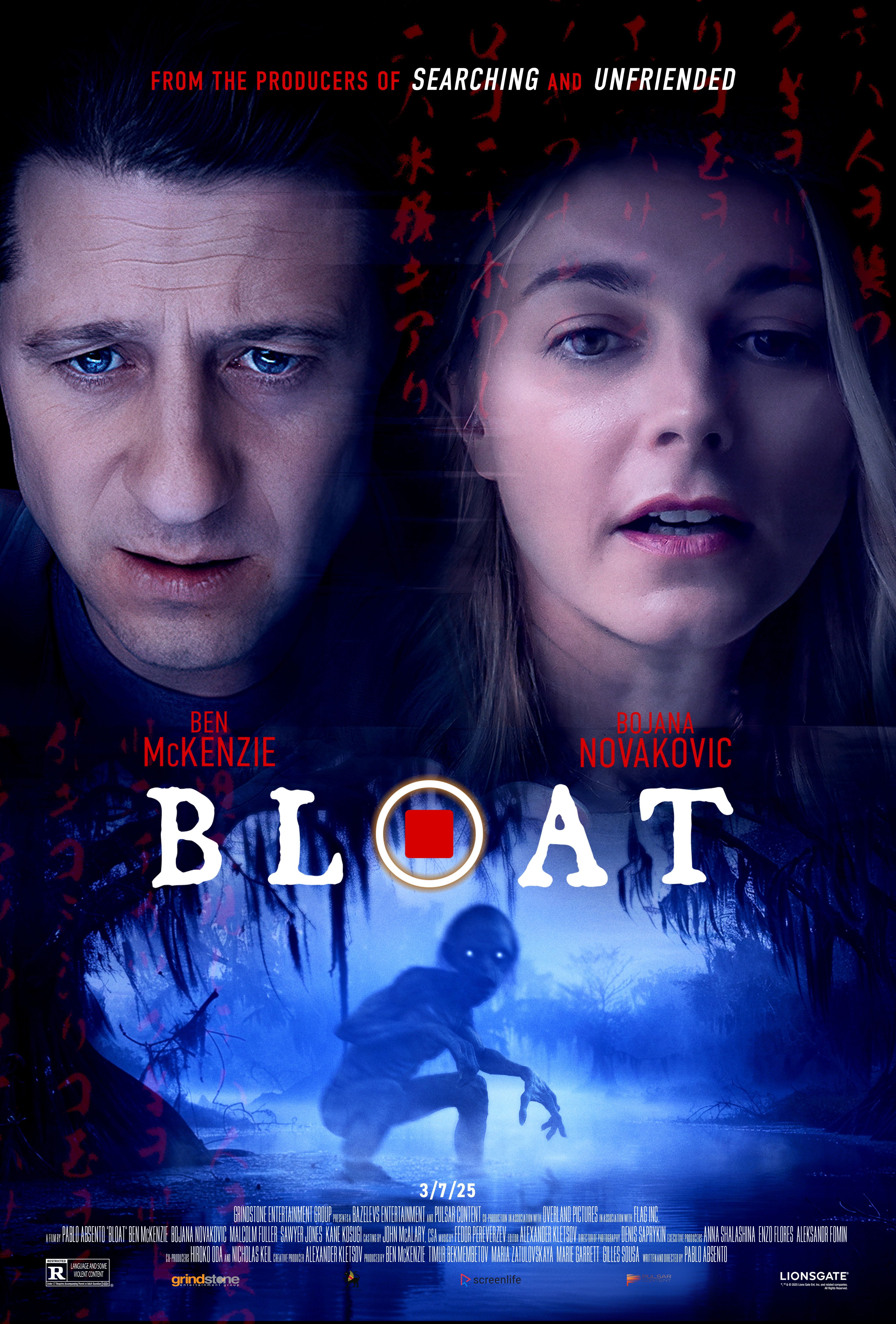 The official poster for Bloat with Ben McKenzie and Bojana Novakovic looking in fear above a monster