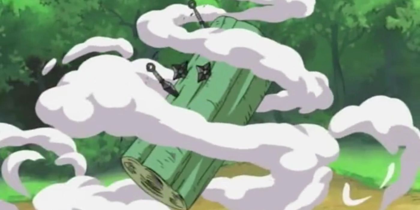 A log with a swirl of smoke and knives in it from Naruto.