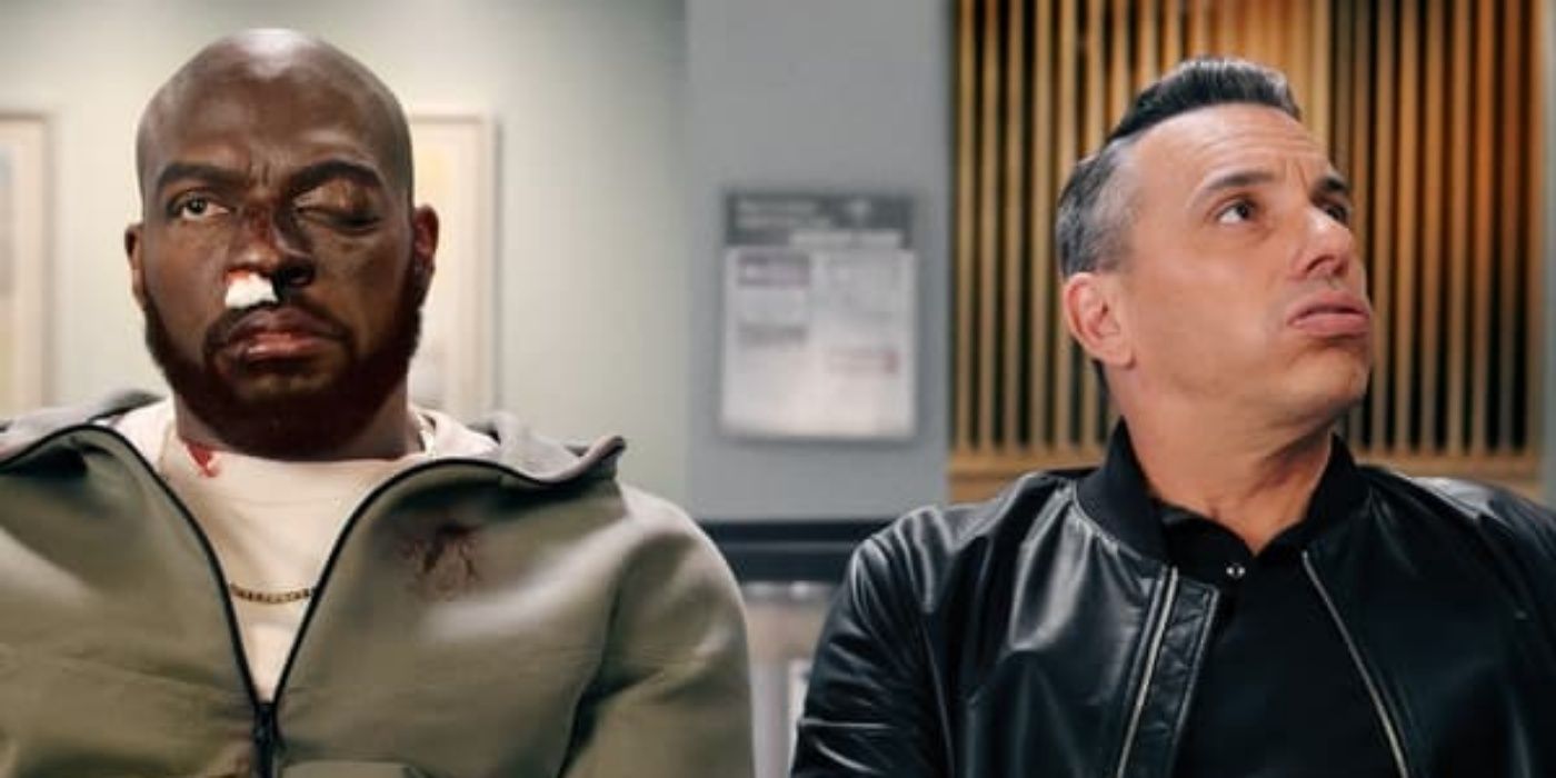 Sebastian Maniscalco as Danny and Omar J. Dorsey as Ray sitting in a hospital waiting room in Bookie