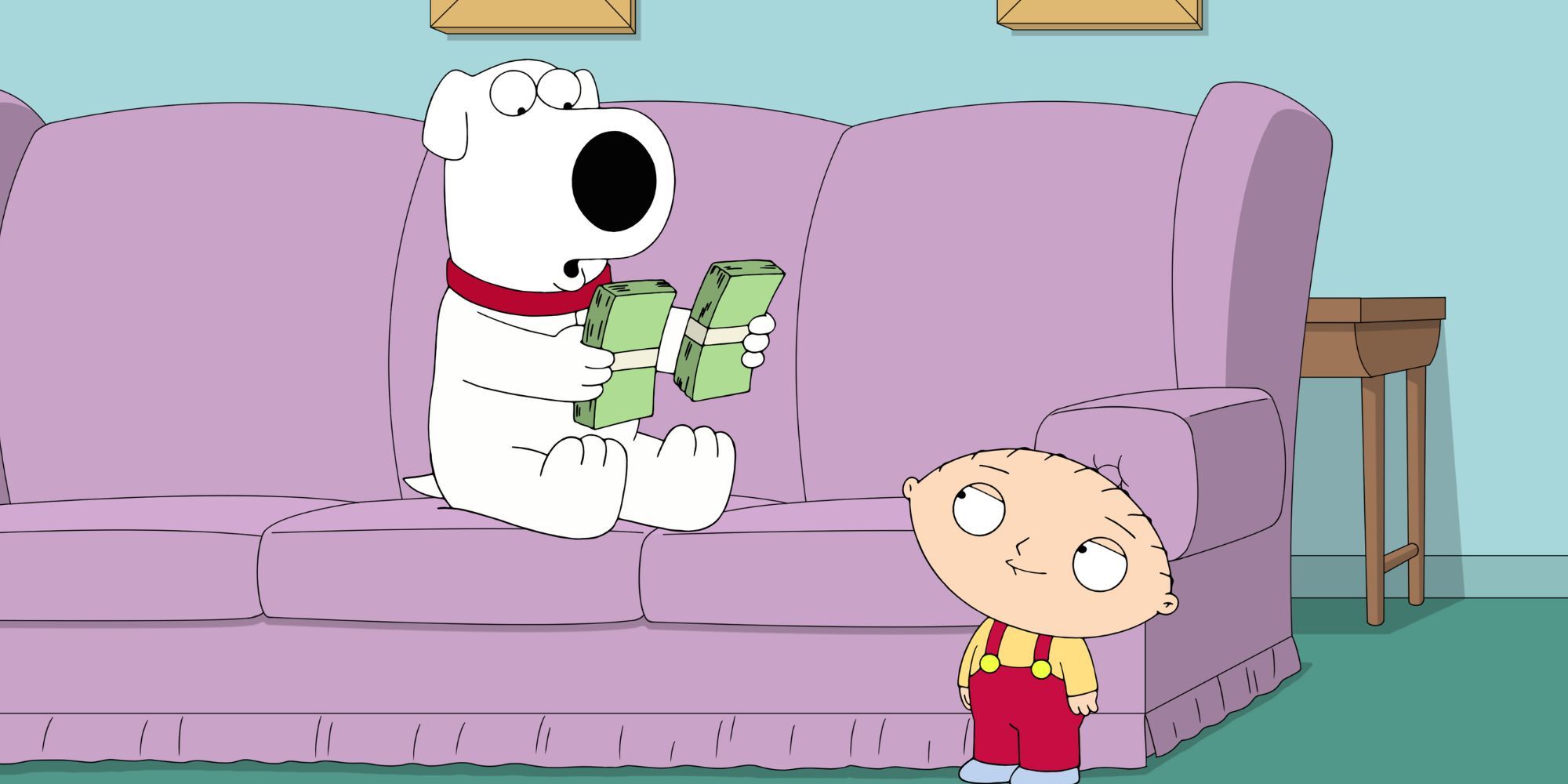 Brian sitting on the couch holding a stack of money in each hand while Stewie stands in front of him in Family Guy episode The Woof of Wall Street