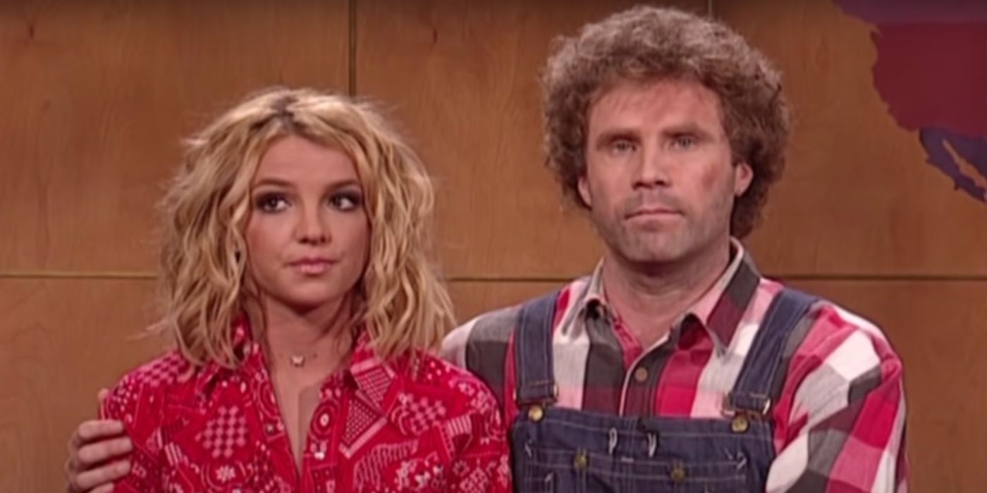 Britney Spears sits next to Will Ferrell in overalls while hosting Saturday Night Live.