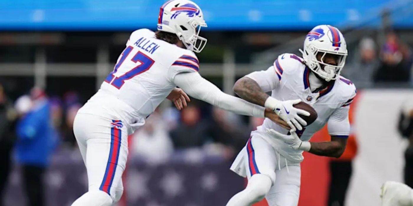 Buffalo Bills' quarterback Josh Allen hands off the ball.