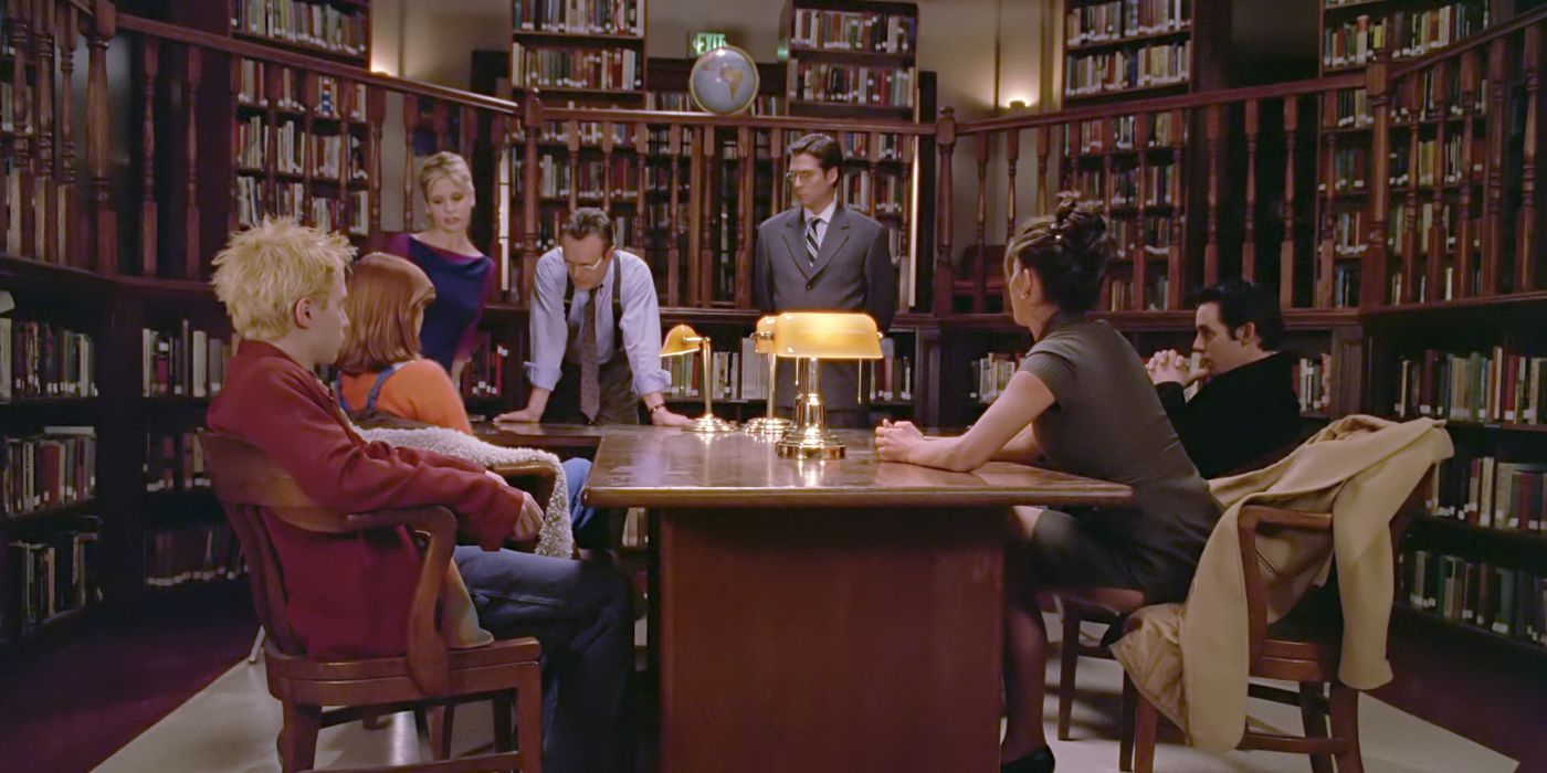 The Scoobie gang in the Sunnydale High library in 'Buffy the Vampire Slayer.'