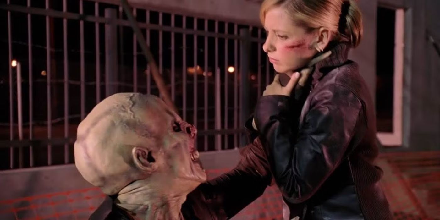 Buffy, played by Sarah Michelle Gellar, fighting a Turok-Han in 'Buffy the Vampire Slayer.'