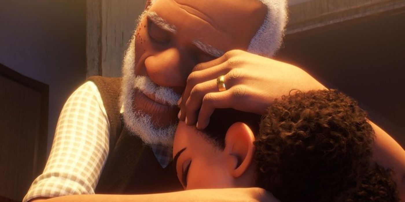 A grandfather hugs his granddaughter in the Netflix animated short film Canvas.