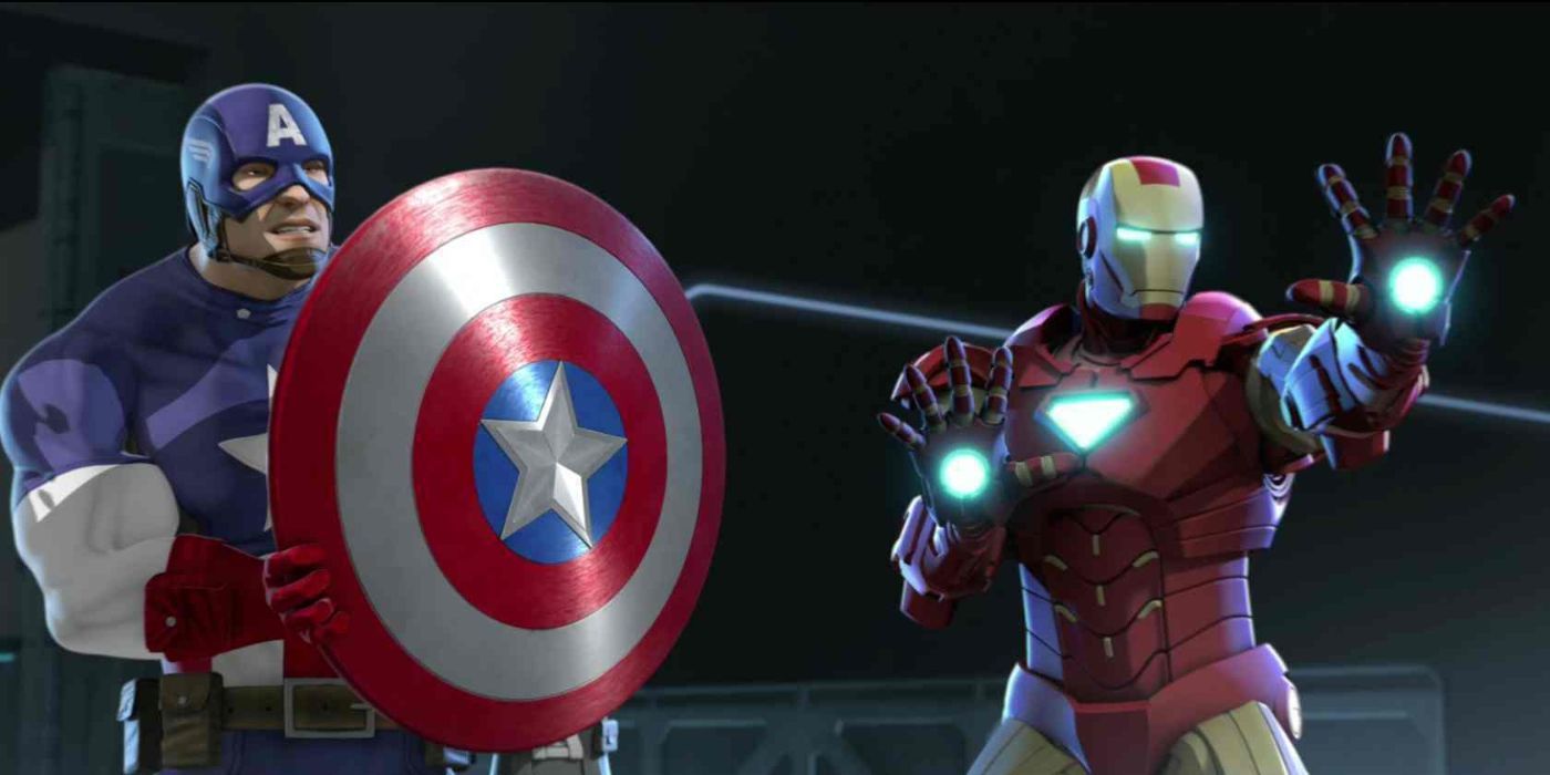 Captain America and Iron Man standing together in Iron Man and Captain America: Heroes United