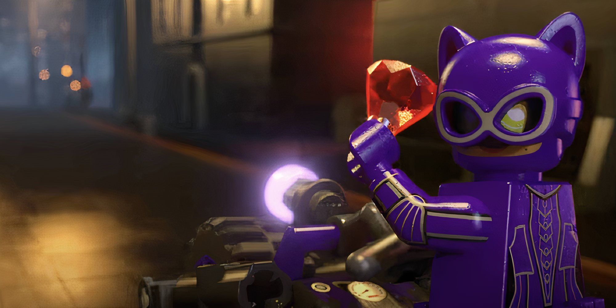 Catwoman in the LEGO Batman Movie riding her motorcycle.