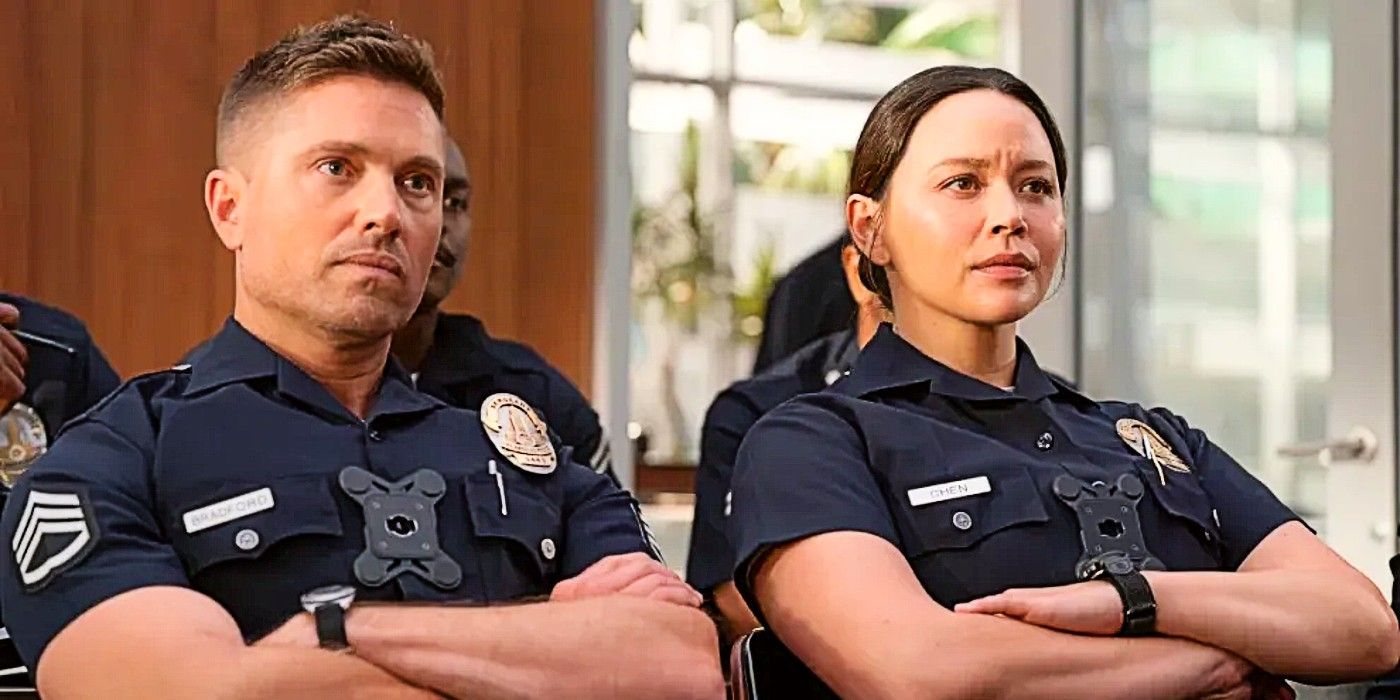 Tim Bradford and Lucy Chen sitting next to each other with their arms crossed in The Rookie Season 7 premiere