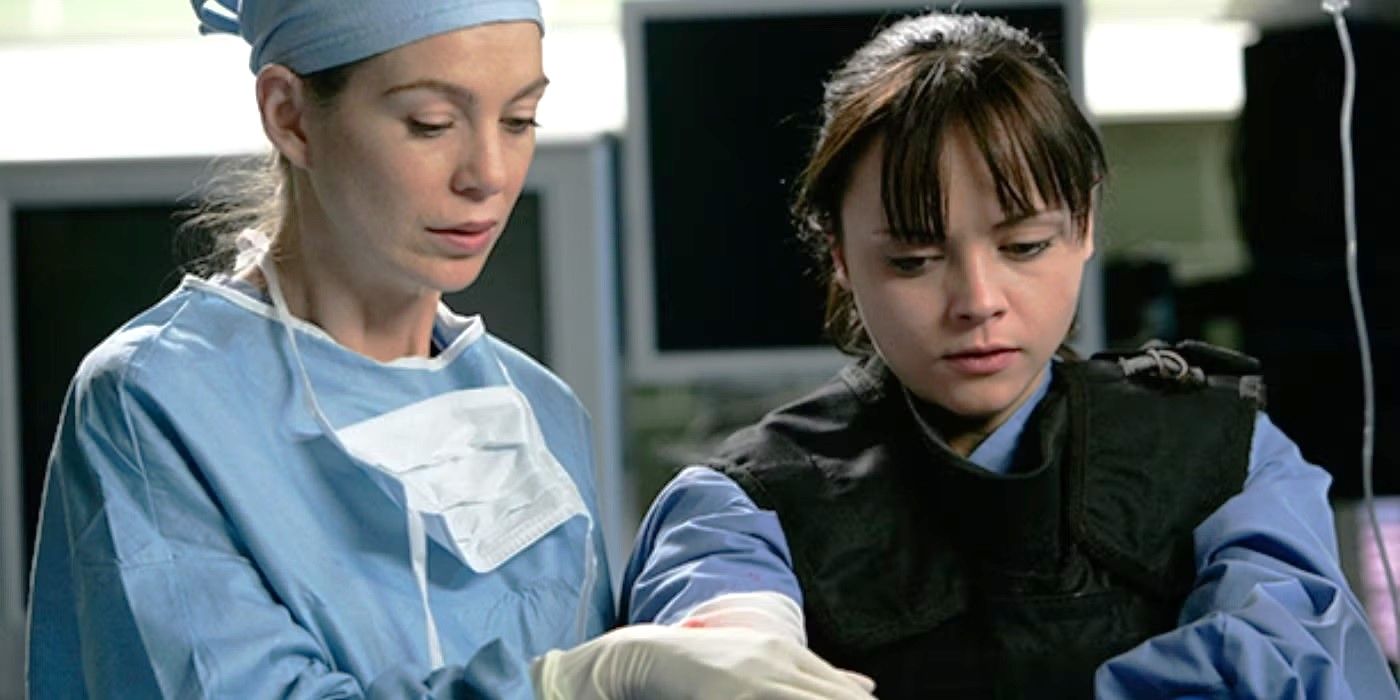 Christina Ricci as Hannah Davies works with Ellen Pompeo as Dr. Meredith Grey in the OR on Grey's Anatomy.