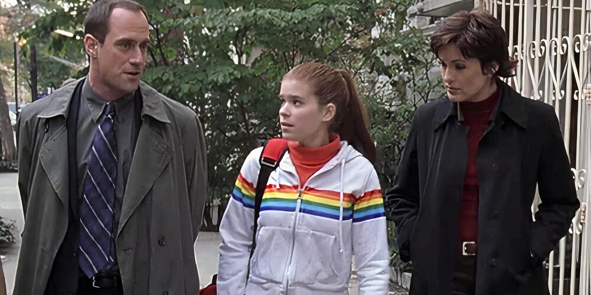 Christopher Meloni and Mariska Hargitay walking with Kate Mara in Law &amp; Order SVU episode Pixies
