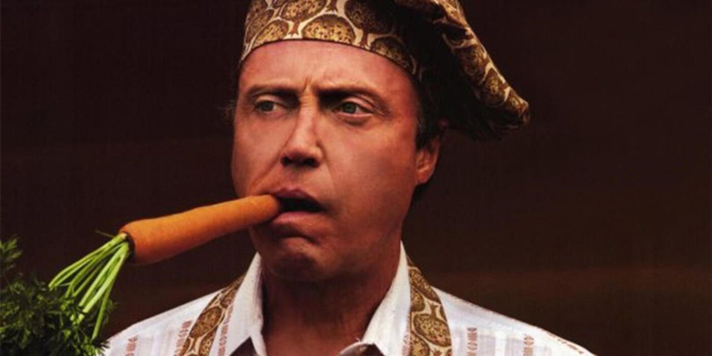 Christopher Walken as Lieutenant McDuff holding a large carrot in his mouth like a cigar in 'Scotland, PA' (2001)