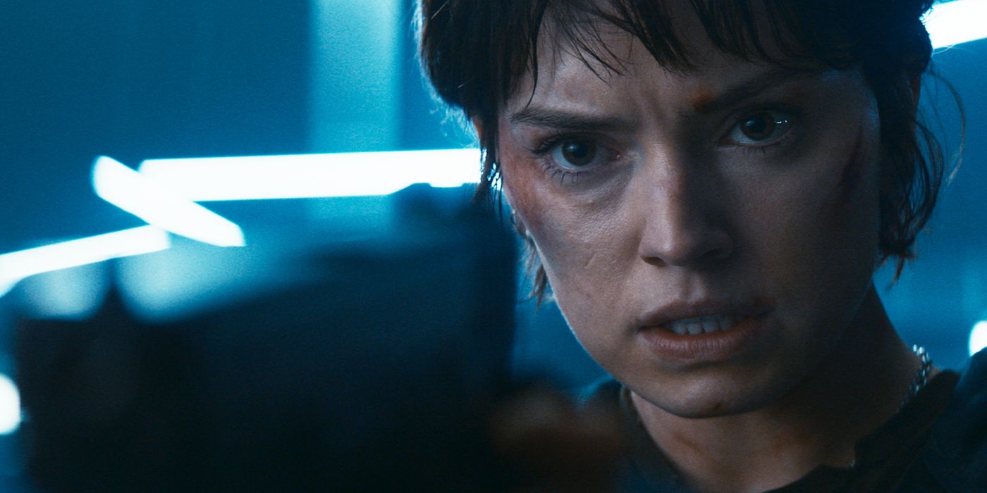 Joey (Daisy Ridley) aiming a gun in Cleaner