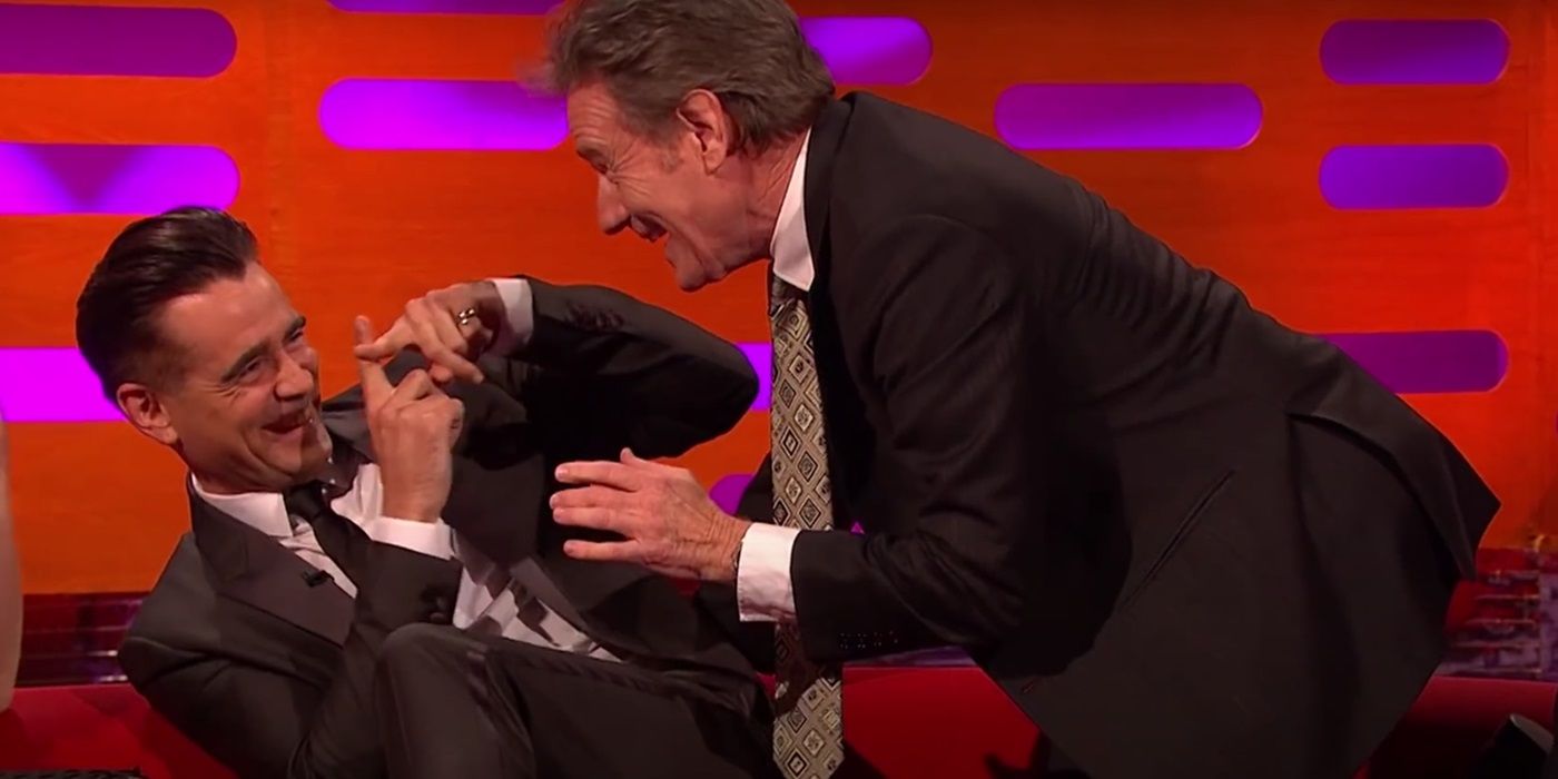 Bryan Cranston showing how he he spent his honeymoon on a reluctant Colin Firth on The Graham Norton Show.