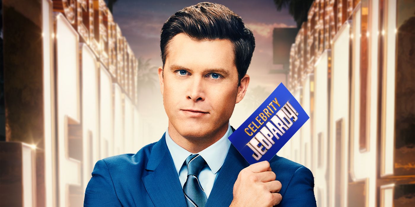 Colin Jost holding a question card with the Celebrity Jeopardy logo