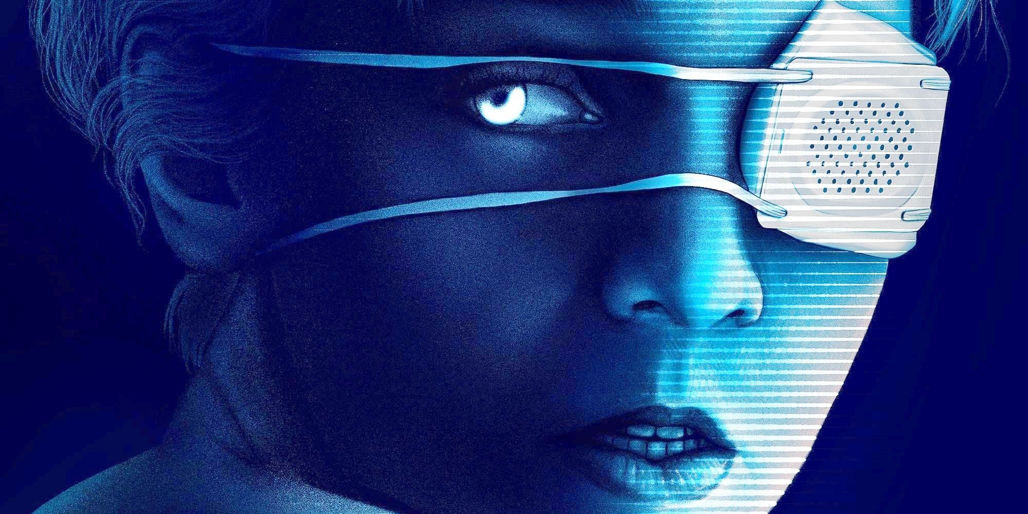 An illustrated poster for the movie Come True, with Sara wearing an eyepatch while her exposed eye glows an eerie blue.